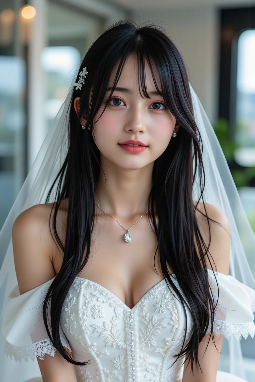 Portrait photography，1 girl，veil，Hollow wedding dress，Floor length wedding dress，Wedding dress background，（whole body：1.4），Exposed breasts，(Big breasts:1.4)，(Realistic and detailed eyes，Natural skin texture，Realistic facial details)，