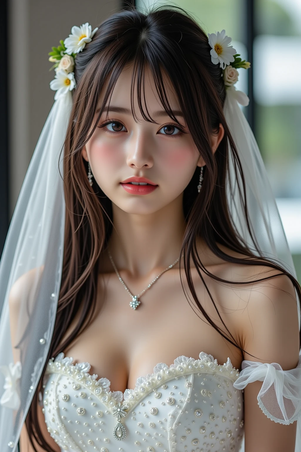 1 Beautiful girl, Beautiful girl of the highest grade, Realistic, extremely detailed CG unified 8k wallpaper, ighly detailed, High-definition raw color photos, professional photograpy, Realistic portrait, Cinematic Light, upper body, Beautiful detailed, (Naked:1.5), Beautiful big breasts, breasts details, (cleavage of the breast:1.2), Bare shoulders, (beautiful wedding dress with a wide open chest:1.4), No bra, No panties, (cameltoe details), Outdoors, Beautiful Landscape Forest, castle, stare, (Best Quality:1.4), super detail, high quality, masterpiece,