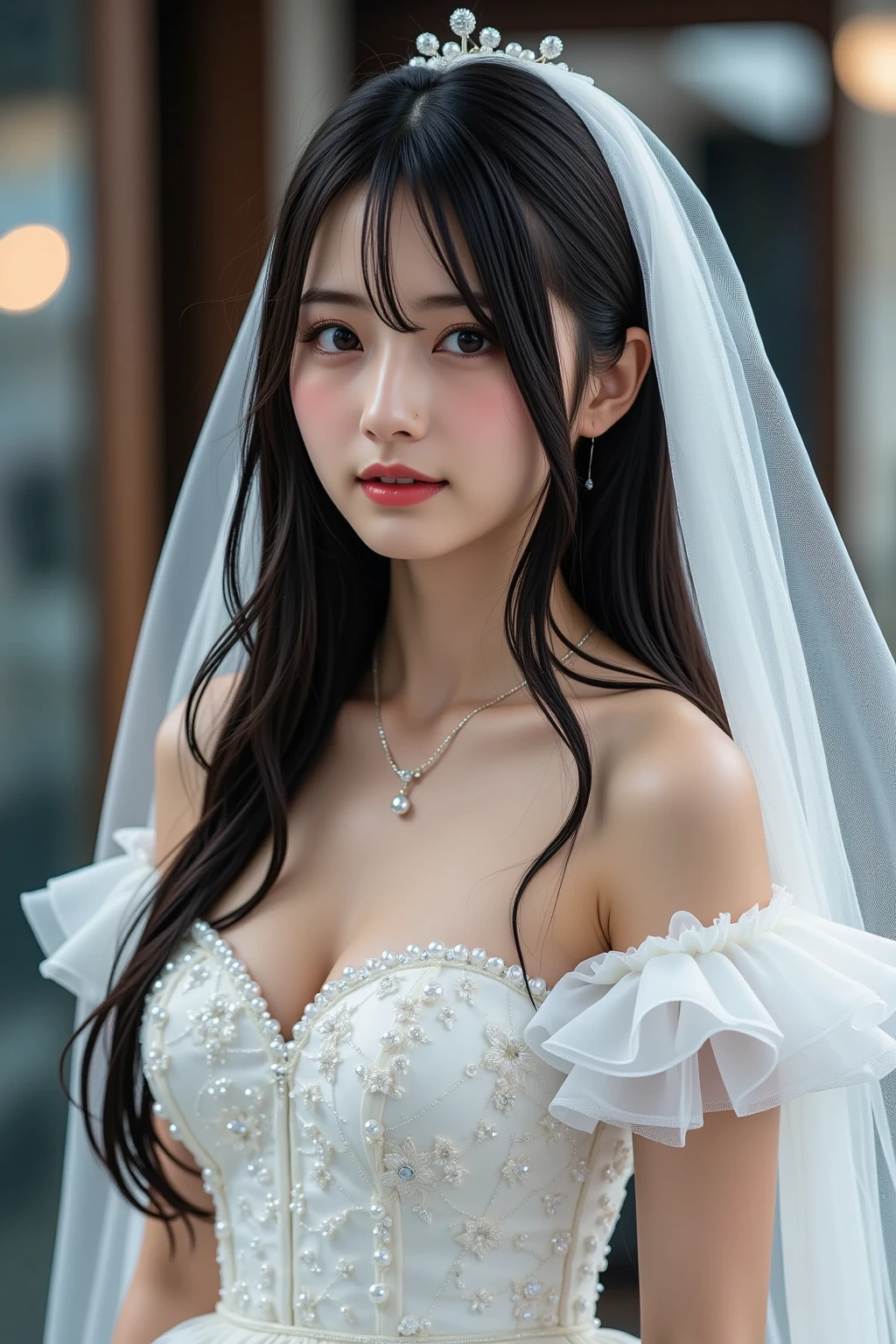 masterpiece, highest quality, Very detailed, To the camera, 複雑に詳細なVery detailed, Realistic, Sharp features, Very detailed, Sharp focus, Perfect Face, Perfect Face, Perfect symmetry and perfect eyes, Perfect Plump Lips, Flexible female form, Cinematic, Film Light, Very detailed, hyper Realistic, masterpiece, Atmospheric, High resolution, Vibrant, Dynamic Studio Lighting, ((Dark Background)), The expression when enduring pleasure, Straight bangs, blue eyes,Exposed thighs,Sexually aroused expressions、White Wedding Dress