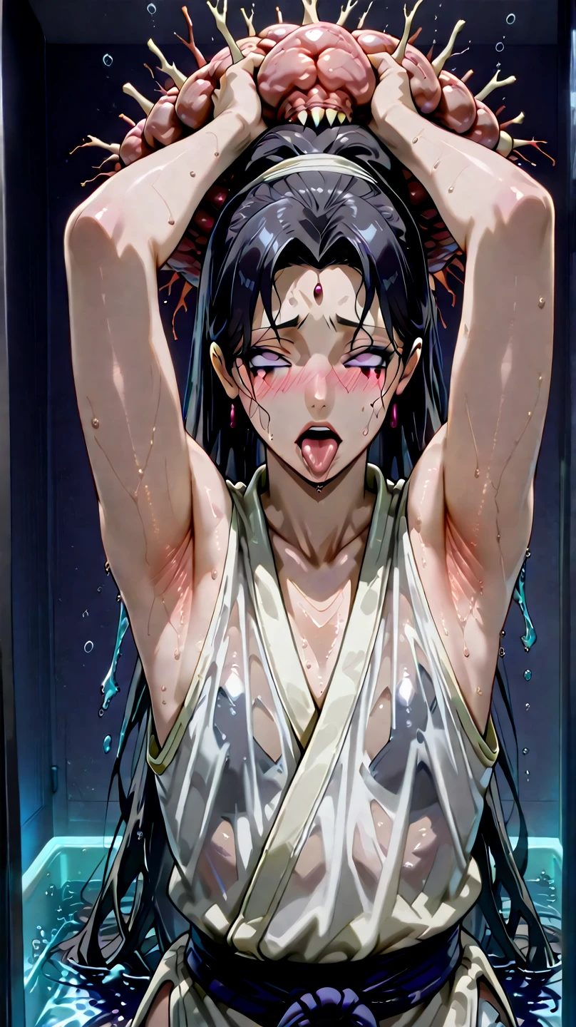 Un hombre de cabello largo de color blanco, wearing a transparent nightgown and a thong on all fours and in a river breaking the fourth wall 