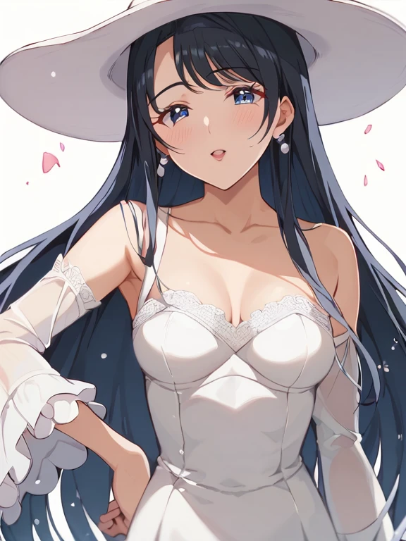 White woman, Black hair, Giant White hat, Red eyes, Thick body, Huge breasts, Big boobs, Big ass, Tall, White dress, Anime style, Ghost aura, sexy body