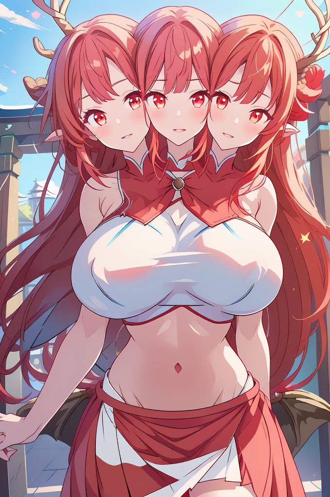 (masterpiece, best quality), best quality, (ultra-detailed), (3heads:1.5), 1girl, (Singyoku :1.3), masterpiece, best quality, ultra quality, ultra resolution, ultra detail, red top, crop top, ((stomach)), midriff, ((groin)), red skirt, normal ears, shackles, flowing red hair, very long hair, wavy hair, sidelocks, glowing red eyes, parted lips, detailed eyes, sweat, cute, toned belly, hand on own chest, eyelashes, (24 year old woman:1.3), (masterpiece:1.5), (best quality:1.5), (beautiful detailed), extremely detailed CG, extremely delicate and beautiful, depth of field, (finely detailed face), (perfect details:1.2), (mature female:1.3), wide pelvis, slender, large veiny breast, 16k resolution, highres, very high quality, very high definition, extremely detailed, masterpiece, flowing red hair, long hair, alluring presence, braid, short skirt, close up, big tits, young, horns,