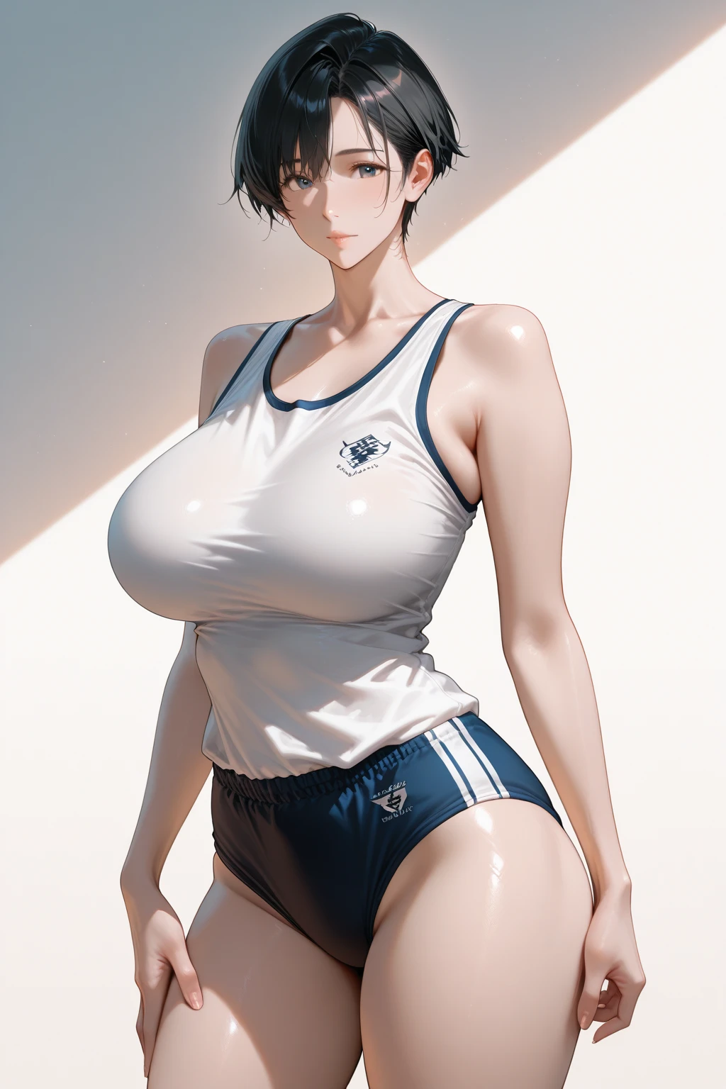best quality, Ultra-high resolution, (Reality: 1.4), beautiful Eyes, Super beautiful, Very short hair, beautiful, Honey, Big chest T-shirt, beautiful Soldier, Attract the audience's eyes, lover's perspective, Invitation to express, Sexy smile, Perfect style, Perfect balance, Delicate skin, Naughty eyes, Visible chest