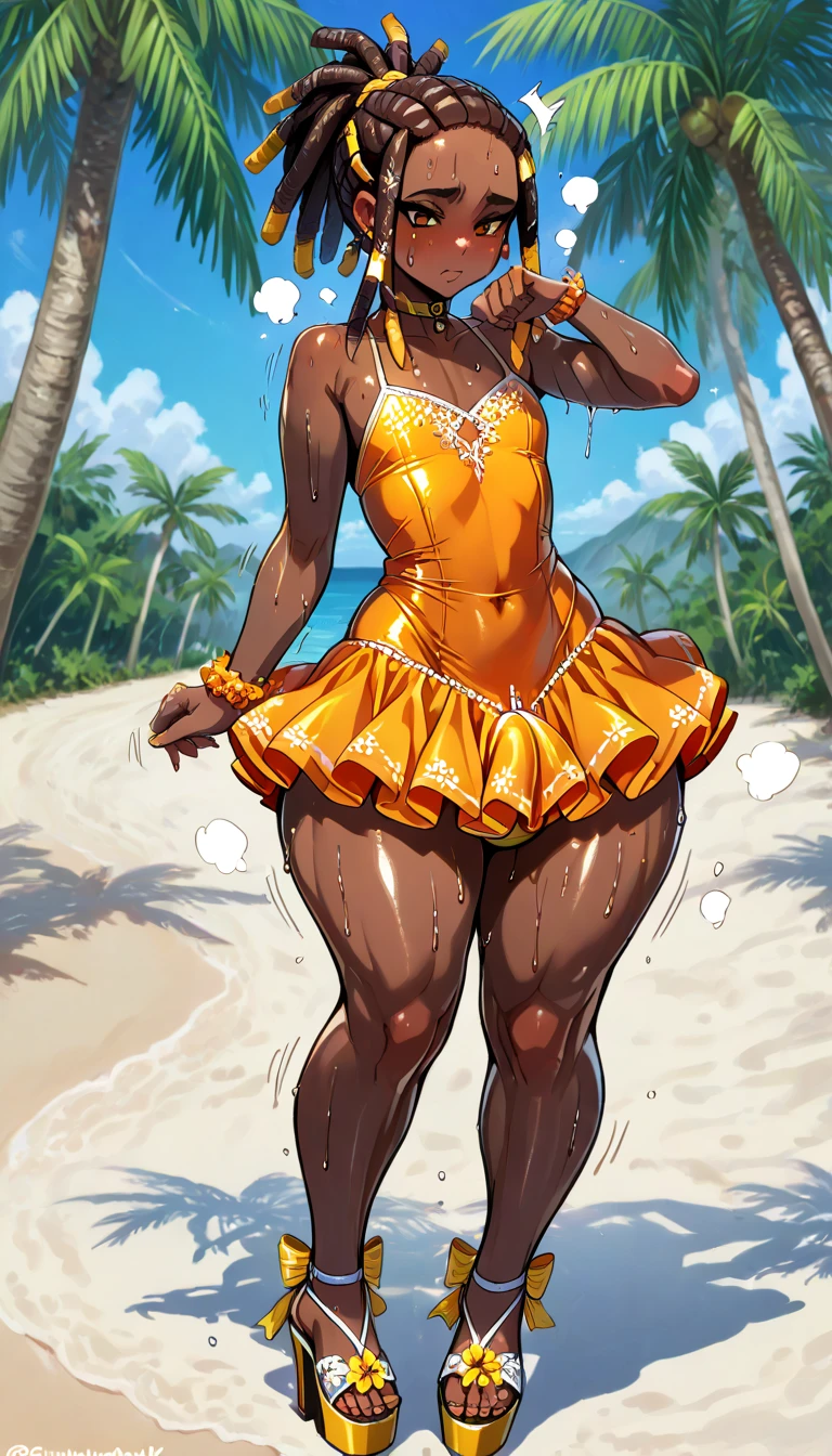 fat girl, obese girl, standing on a beach, shower, huge ass/thighs, sexy afro girl, black braids, ((wearing neon green bikini)), ((with very small boobs)) ((brown glowing eyes)), very light mocha skin, sexy flirty smile High resolution, wide hips