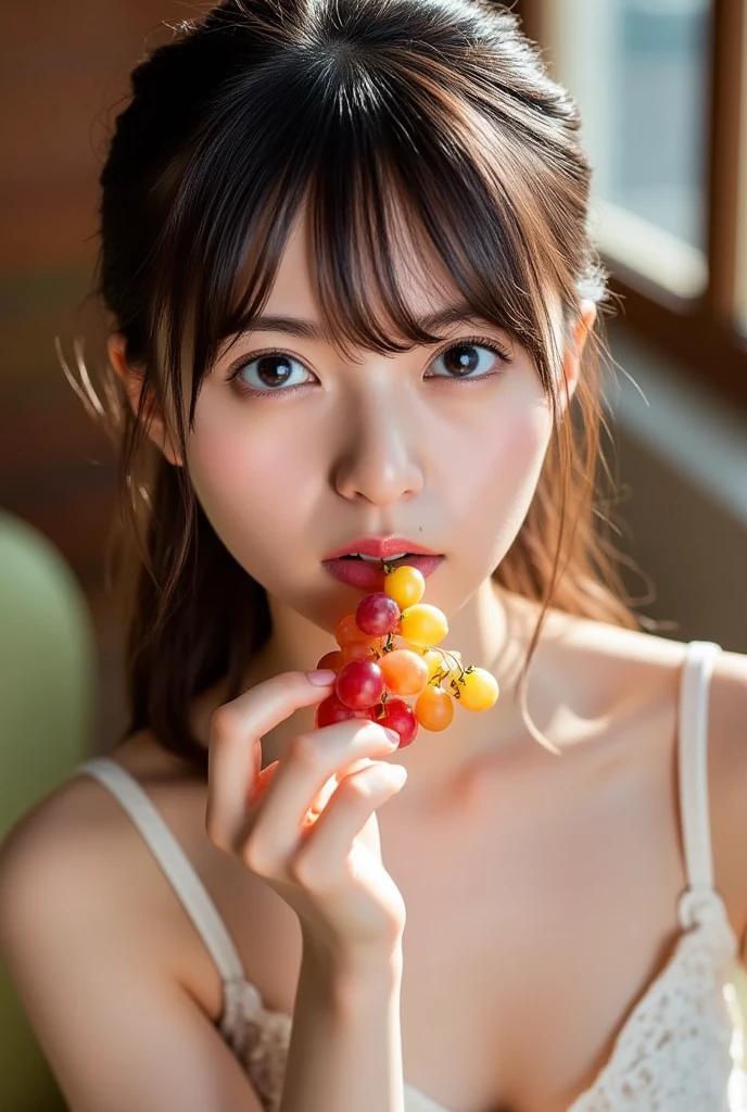 nsfw、highest quality、8K、masterpiece、ultra high resolution、clear pictures、realistic pictures、Photoreal、professional lighting、Cinematography、very short hair、delicate body、small breasts、white underwear、eat yellow banana:1.4、Put a banana in your mouth、close up of face、blowjob