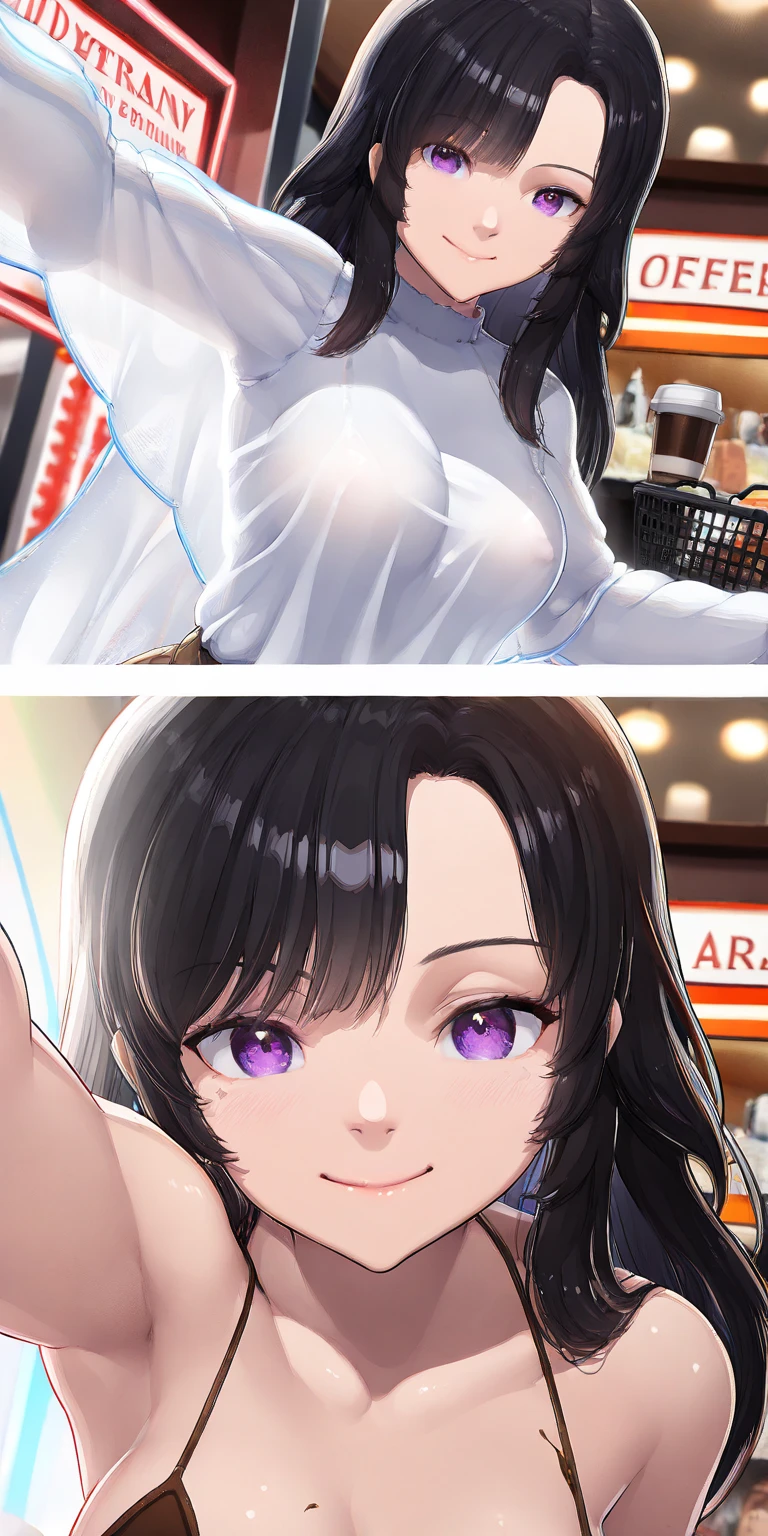 ((8K,tmasterpiece,realisticlying,The most beautifully illustrated),(((Bust photo)))(Hyper-detailing,Ultra-clear,naturey),((Purple wavy extra-long curls):1.3,choker necklace,ear jewelry,Pink and moist lips,),1 busty girl,the night,Cafe on top of the hill,Exhaustive coffee,Extra long purple hair,Purple coiled hair,Hair is shiny,Halo galaxies,(light stre),striking visual effects,(dynamic streaks,Luminous trajectory:1.2),vivd colour,magical little girl,Sexy and elegant white robe,Elegant and beautiful hairpins,Wavy black hair,naked leg,Reasonable movements,gigantic cleavage breasts,Slender beautiful legs,Stretch meat,Fair and moisturized skin
