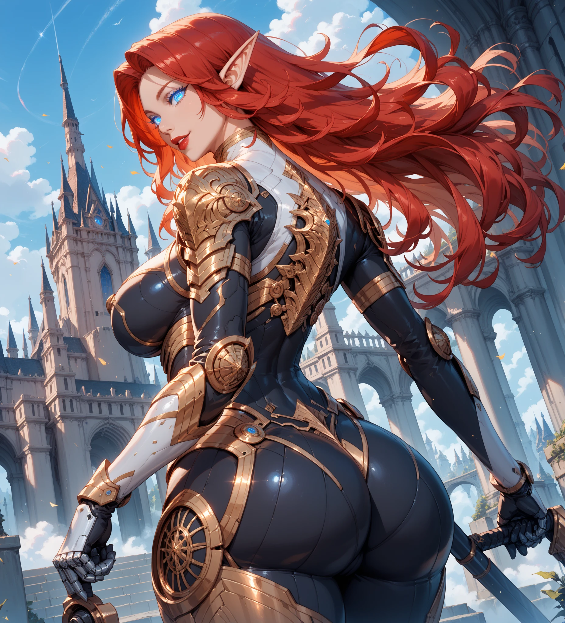 young Korean woman with golden eyes and lush red hair and large horns, wet bronze skin, huge chest, wearing a blue coat with black fur and rolled up sleeves, steel silver heavy armor, wide leather red belt with large gold yarn, leather black pants, leather gloves, a hiking backpack, stands in the middle of a meadow blooming with flowers against the backdrop of high mountains and forests,