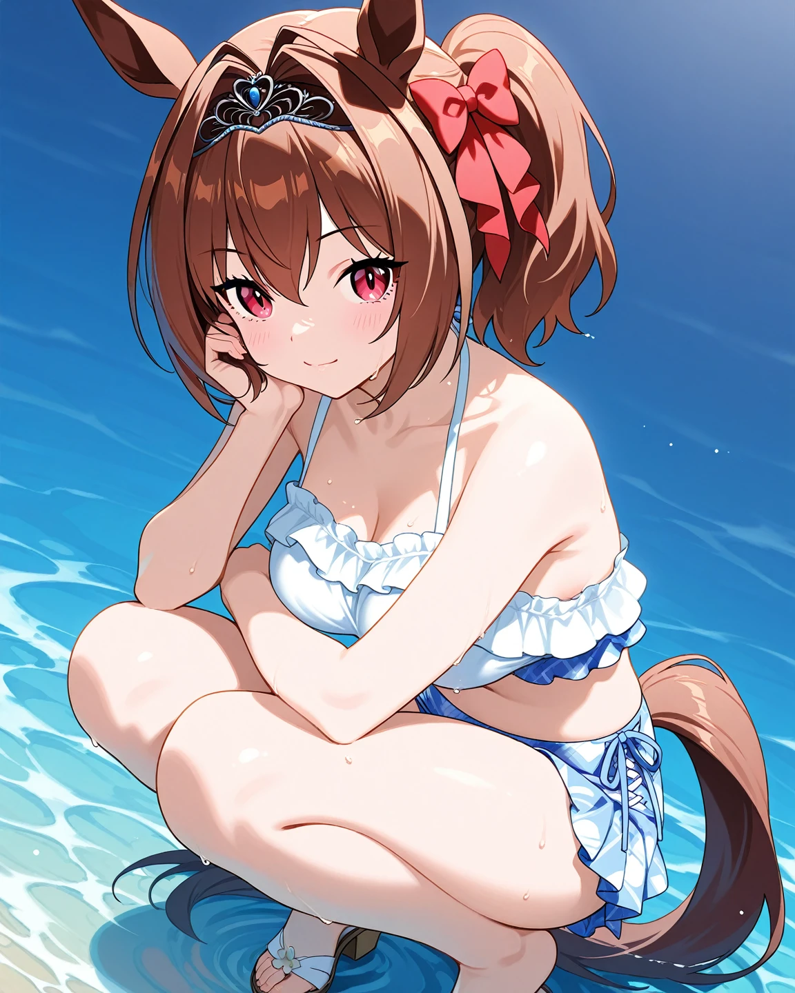 NSFW, , Pulling up a dress,bare chest,nipple,round genitals,revealing clothes,Uma Musume,Nishino flower,marl,short hair,red headband,beautiful purple eyes,purple and yellow dress,ribbon,,,Curvaceous,flower garden,smile with open mouth,blush,embarrassed face,best image quality,table top,)),(masterpiece),figure,brown hair,long hair,purple eyes,flowing bangs,long bangs,long hair,small breasts,hair covers right eye, smile,looking at the viewer,((highly detailed eyes)), (((bikini))), masterpiece, highest quality, (abnormal body, small breasts, horse tail,smile, pool, whole body, frontage,hot pants denim,nipple