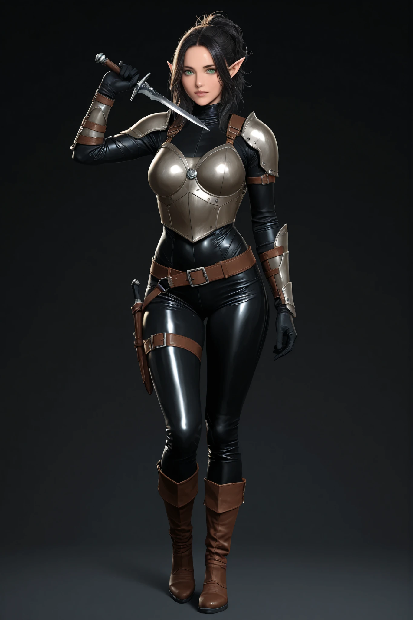 A character reference concept art in a realistic high contrast lighting with dark gothic atmosphere style in a frontale view full body shot standing in A-pose with simple dark background. The character is a female elf ranger, fit curvy body shape busty and mature body, medium hight, 170 cm,perfect beauty face features of Alexandera Daddrio, black medium hair with bangs and ponytail in messy hairstyle,green eyes expressing seduction, wearing brown leather straps light armor, shiny iron breastplates and plaudrond over leather bodysuit, leather boots, black leather pants holding a dagger in one hand