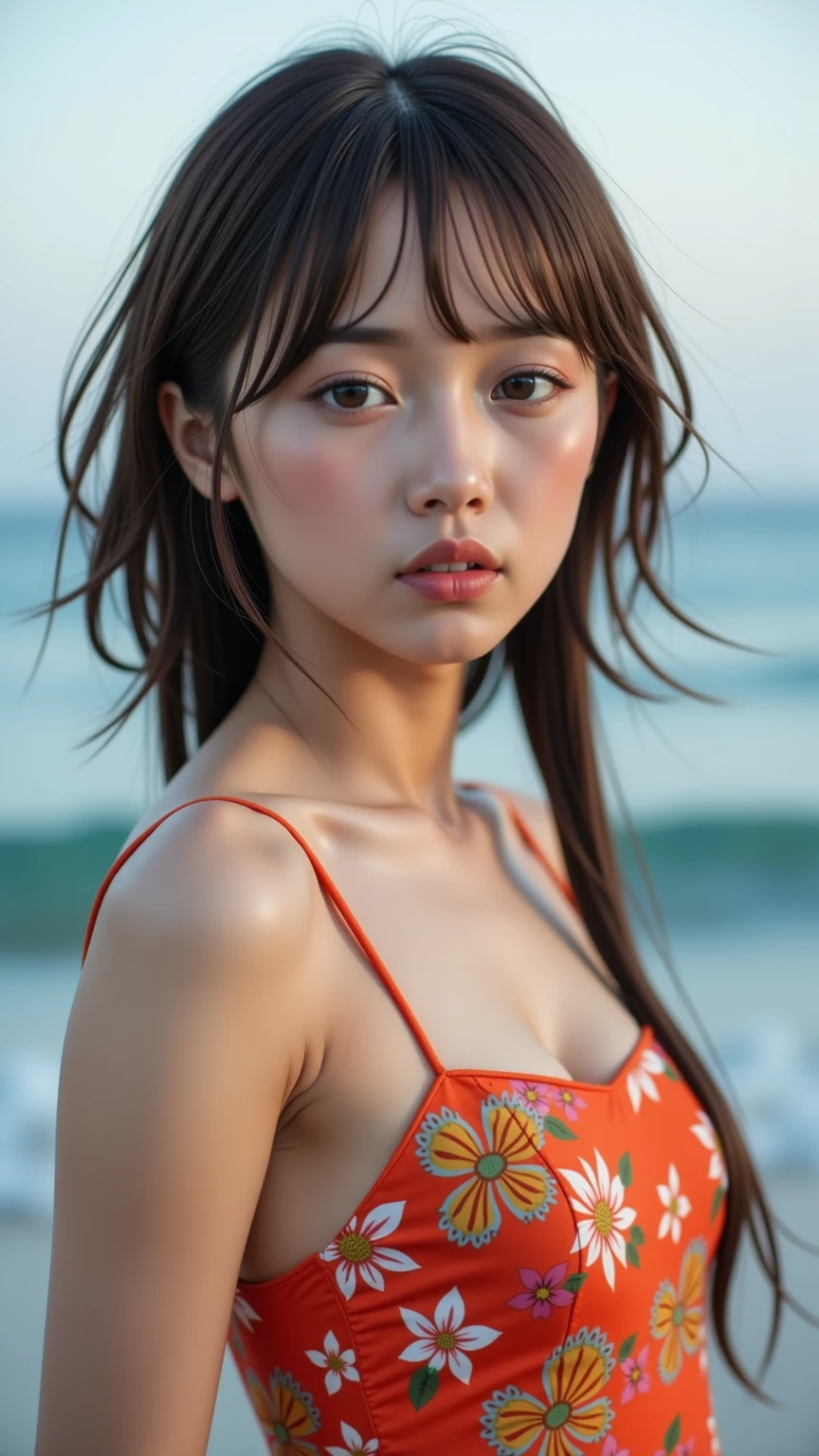 doress、(Photorealsitic:1.4)、(hyper realisitic:1.4)、(realisitic:1.3)、(Smooth lighting:1.05)、(Improved lighting quality in movies:0.9)、32K、1girl in、20 years girl、Realistic lighting、Back lighting、Facial light、raytrace、(brightened light:1.2)、(enhanced quality:1.4)、(Top quality real texture skins:1.4)、finely eye、finerly detailed face、Fine quality eye、(Tired, sleepy and satisfied:0.0)、 close up of face、tshirts、(enhance body line mood:1.1)、(Increase the beauty of skin texture:1.1)、((Aya Ueto))、the beach、swim wears、
