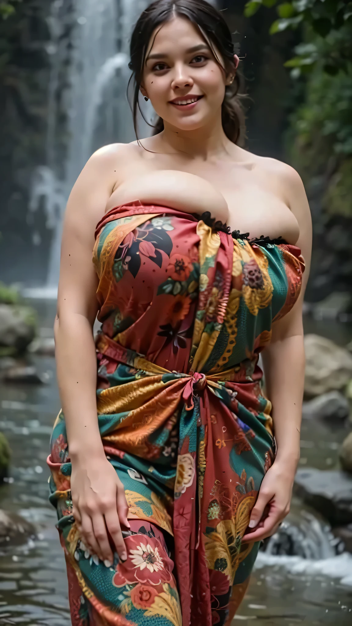 A Colombian mature lady dressed in colorful floral sexy lingerie bathing a jack Russell in the mountains in the early morning hours