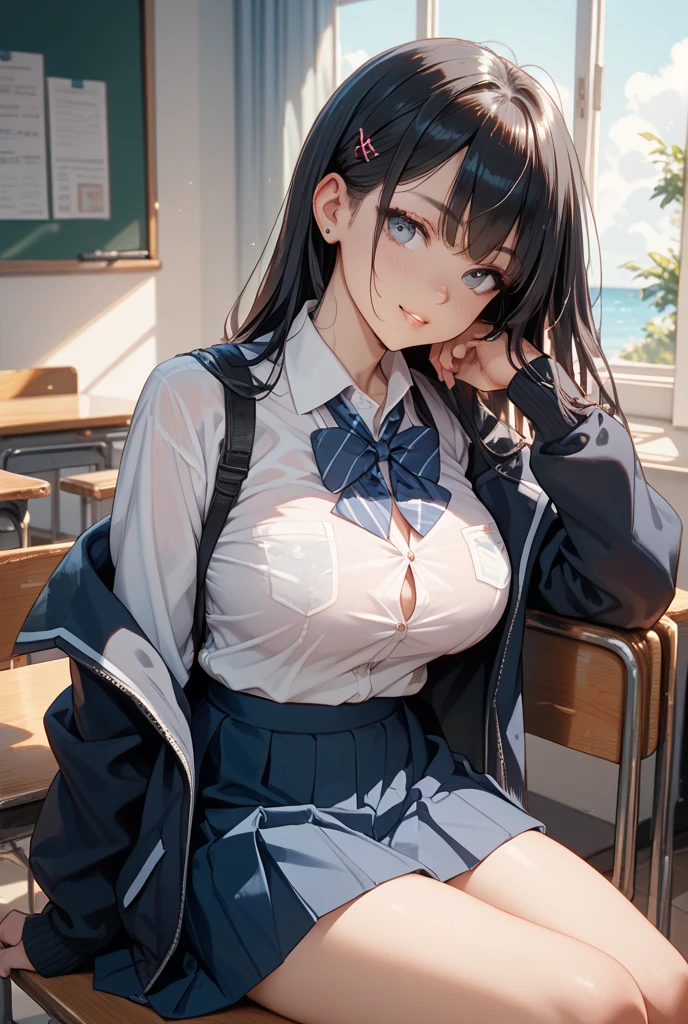 uniform、blazer、Miniskirt、White underwear、Black hair straight、Shortcuts、Embarrassed、Show off your breasts、Blushing、Open your mouth、sit、Spread your legs、Bend your knees、Leaning against a wall