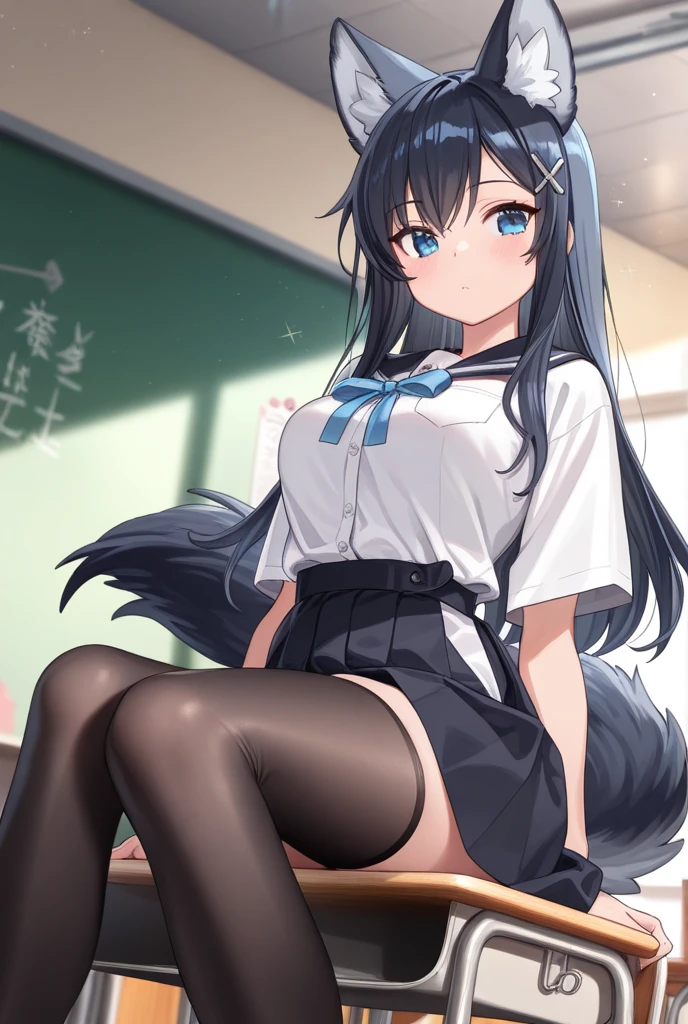 (Masterpiece) (High Detail) (High Res) A short humanoid girl with pale human skin and blue eyes and long blue hair and blue dog ears and a fluffy blue dog tail and small/medium breasts. She is dressed in School Uniform and is wearing a white blouse and blue tie and a plated skirt and thigh high white socks. She is sat in a classroom on a desk.