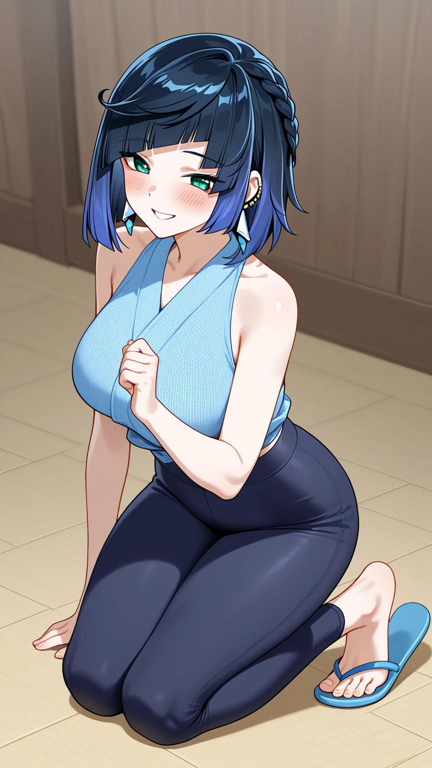 , sunny, bright, outside, indoor, cafe, Sitting at the table, legs open, seductive, smiling, open mouth, embarrassed (Masterpiece), high quality, Highly detailed background, Natural lighting, ((Vibrant, Vibrant, Colored , bright colors)), , 1 girl, alone, ((Long hair)), blue hair, Ponytail, ((vermilion eyes)), Looking at viewer, black sports top, tight black tank top, black tight short shorts, NSFW, (hands on hips), ((Cowboy shot)), , below body view, (((big breasts, ))),( medium waist), (medium hips), (wide thighs), happy, big smile, seductive, closed mouth, good anatomy, good hands
