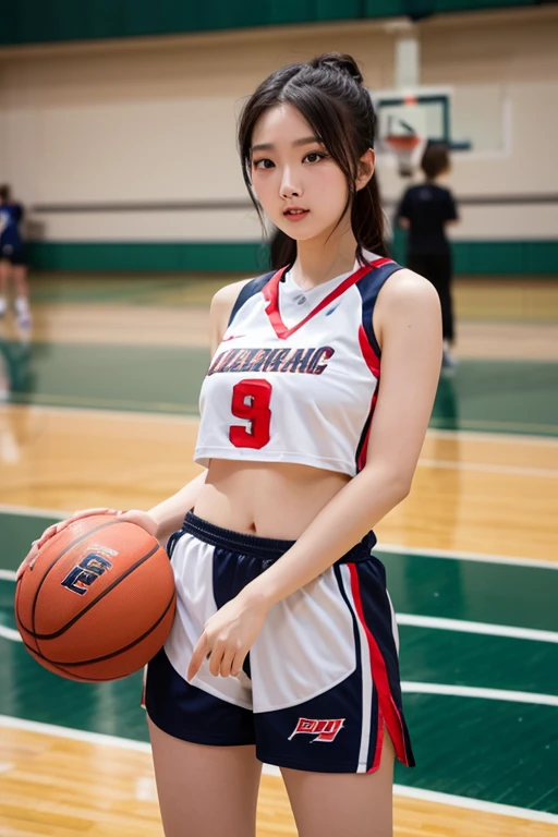 (old shoji), Beautiful sparkling pink multicolored hair, Beautiful Eyes, woman sitting on a shoe stool with a ball and a toy doll on her lap, 1girl, solo, gym uniform, smile, buruma, brown hair, shoes, vaulting horse, ball, uwabaki, long hair, grin, realistic, basketball, sitting