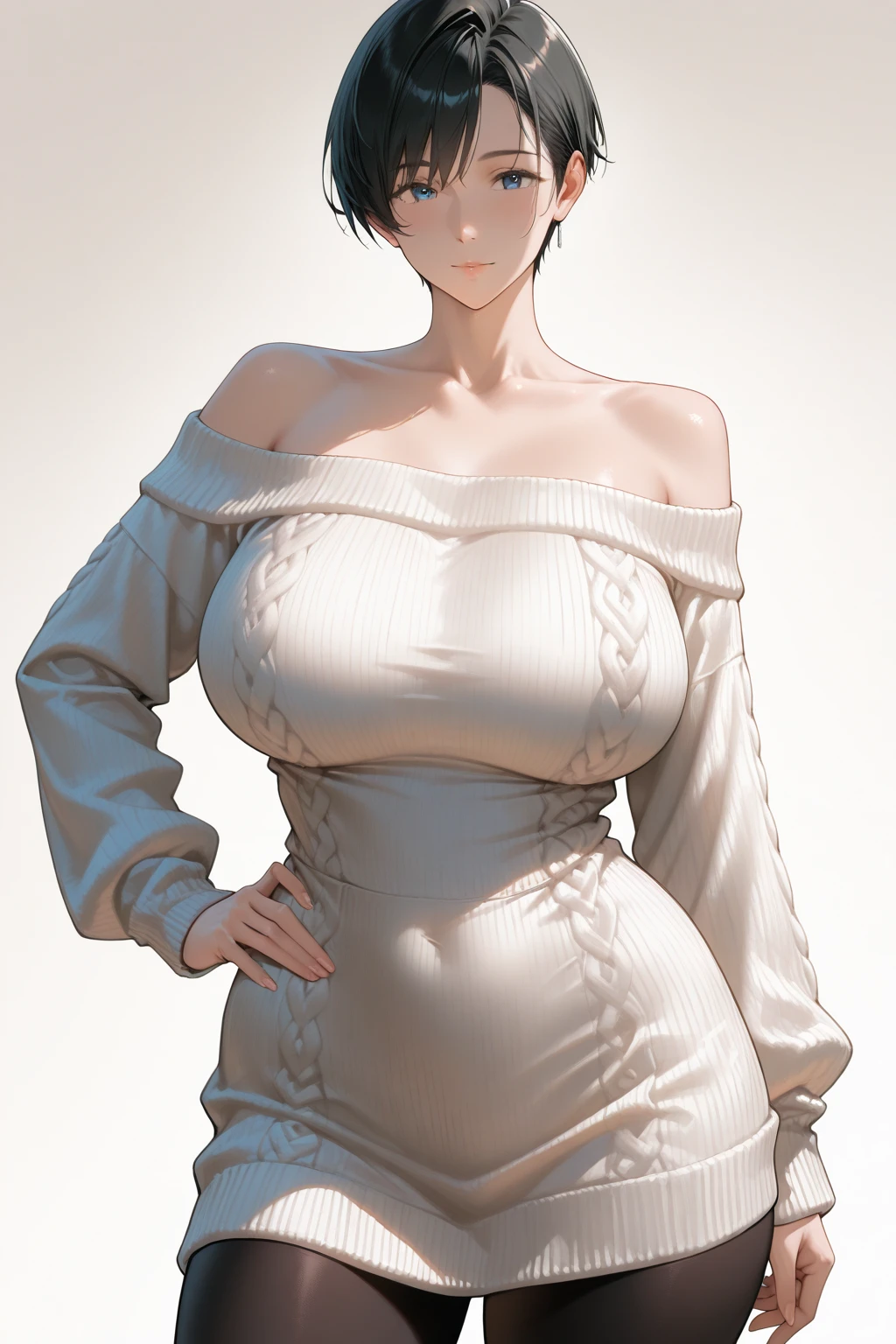 Top view, A woman bending forward, showing her cleavage., Hands in pockets, Ash grey asymmetrical short hair, Smiling with eyes looking up, Beige knit dress, White background:1.5, Anime Style, Digital Painting, (masterpiece, High resolution, Highest quality)