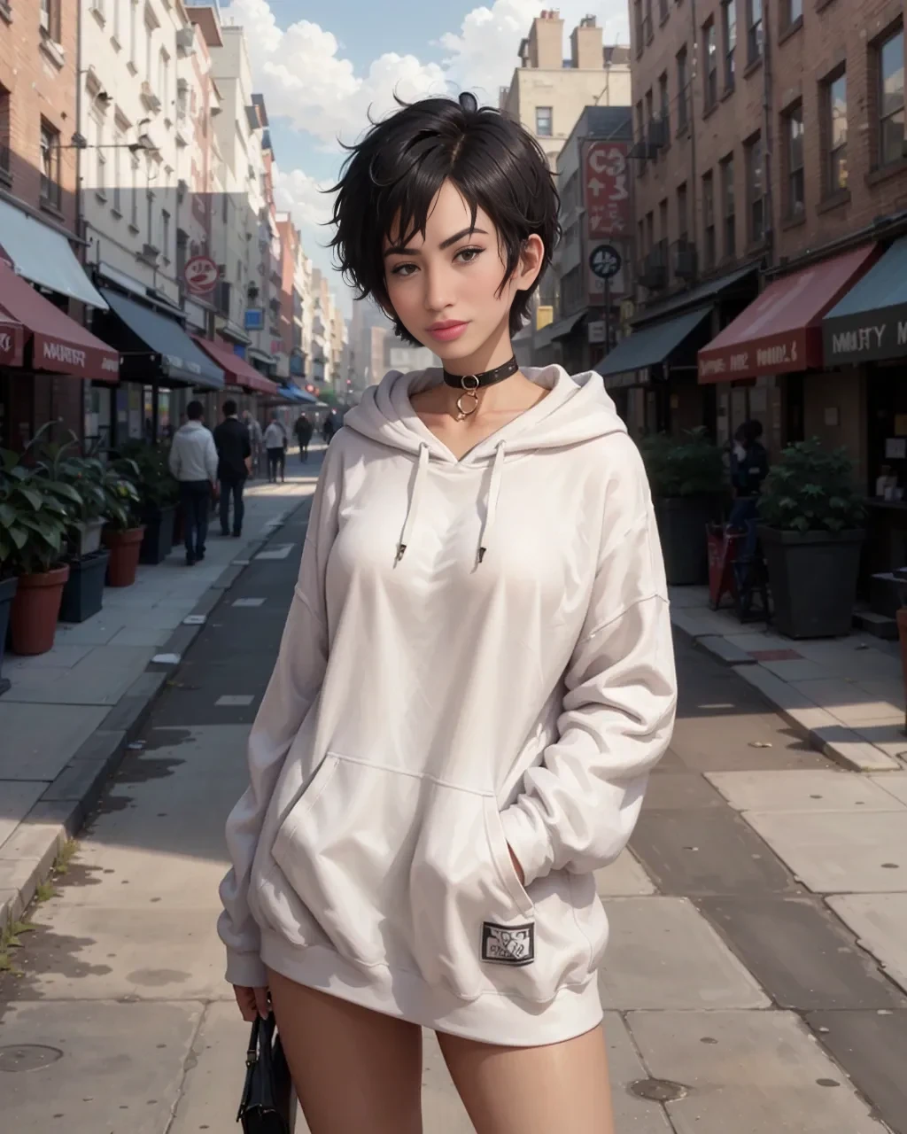 [1girl:1girl:0.3], girl, solo, short black hair, pixie cut, tan, (muscular:0.9), (medium breasts:0.1), (medium breasts: 0.25), messy hair, lovestruck, full-face blush, choker, BREAK (sexy black oversized_hoodie:1.1) BREAK San Francisco sidewalk, dramatic lighting, absurdities, best quality, clouds, golden hour, sunlight,