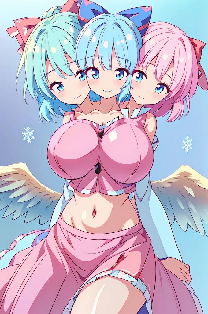 (masterpiece, best quality), best quality, (ultra-detailed), (3heads:1.5), 1girl, (mai:1.3), masterpiece, best quality, ultra quality, ultra resolution, ultra detail, light pink top, crop top, ((stomach)), midriff, ((groin)), light pink skirt, normal ears, shackles, blue hair, very long hair, wavy hair, pigtails, light-blue eyes, parted lips, detailed eyes, sweat, cute, toned belly, hand on own chest, eyelashes, (24 year old woman:1.3), (masterpiece:1.5), (best quality:1.5), (beautiful detailed), extremely detailed CG, extremely delicate and beautiful, depth of field, (finely detailed face), (perfect details:1.2), (mature female:1.3), wide pelvis, slender, large veiny breast, 16k resolution, highres, very high quality, very high definition, extremely detailed, masterpiece, blue hair, long hair, alluring presence, braid, short skirt, close up, big tits, young, light pink bow in her hair, small light pink wings, girl with three heads,
