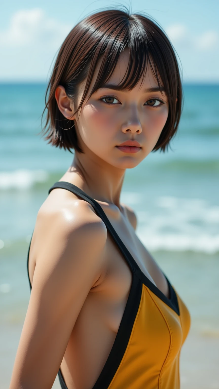 ((Highest quality, 8K, masterpiece, Super detailed, Ultra-high resolution, Realistic, RAW Photos, Absurd, The absolute solution:1.5)), Beautiful woman, One girl, Slim Abs :1.5, Dark brown hair, Bobcut, Large Breasts, (Browsing Caution:1.5, black pantyhose, No pants, No pants, pantyhose, Spread your legs, topless, roller:No Panties Hose:1), Highly detailed face, Highly detailed lips, Fine grain, double eyelid