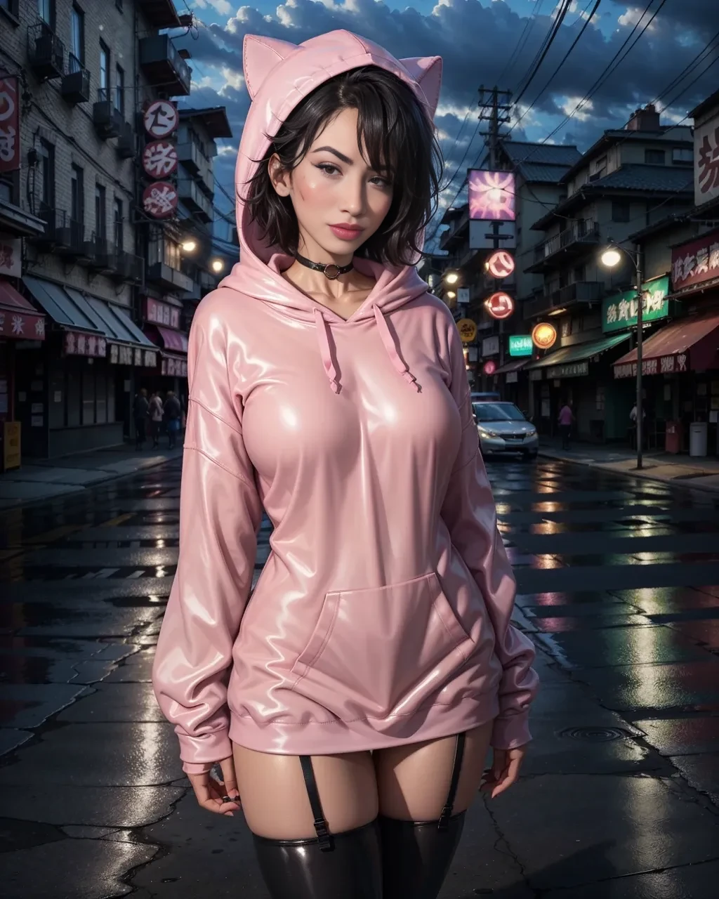 (sexy latex pink [:transparent:.1] oversized_hoodie:1.3) BREAK
[1boy:1girl:0.3], tomboy, solo, very short black hair, pixie cut, tan, (muscular:0.9), (large breasts:1), (medium breasts: 0.25), full-face blush, choker, [:black latex thighhighs,:.4] BREAK
Kabukicho, Shinjuku, (futuristic:1.3) neo neo tokyo, dramatic lighting, absurdres, best quality, clouds, night, (bright neon signs:1.3), (neon:1.5), neon lights, moon, dark theme, crowded, busy, spacecraft, airship
<lora:GoodHands-vanilla:1><lora:oversized_sweater:.5>  <lora:LowRA:.8>