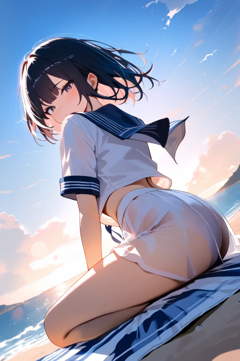 very cute and beautiful girl,(highly detailed beautiful face), smile,serafuku,navy blue pleated mini skirt, (looking back,from behind),leaning forward,from below,(white panties), antique hotel bedroom,gorgeous furnitures,balcony,ocean view, black hair,looking at viewer, (best quality,masterpiece:1.2),absurdres,highres,ultra-detailed,extremely detailed,32k,8k resolution, intricate details,cinematic scene,detailed background,solo,dynamic angle,perfect hands, hair fluttering in the wind,beautiful detailed sky,
