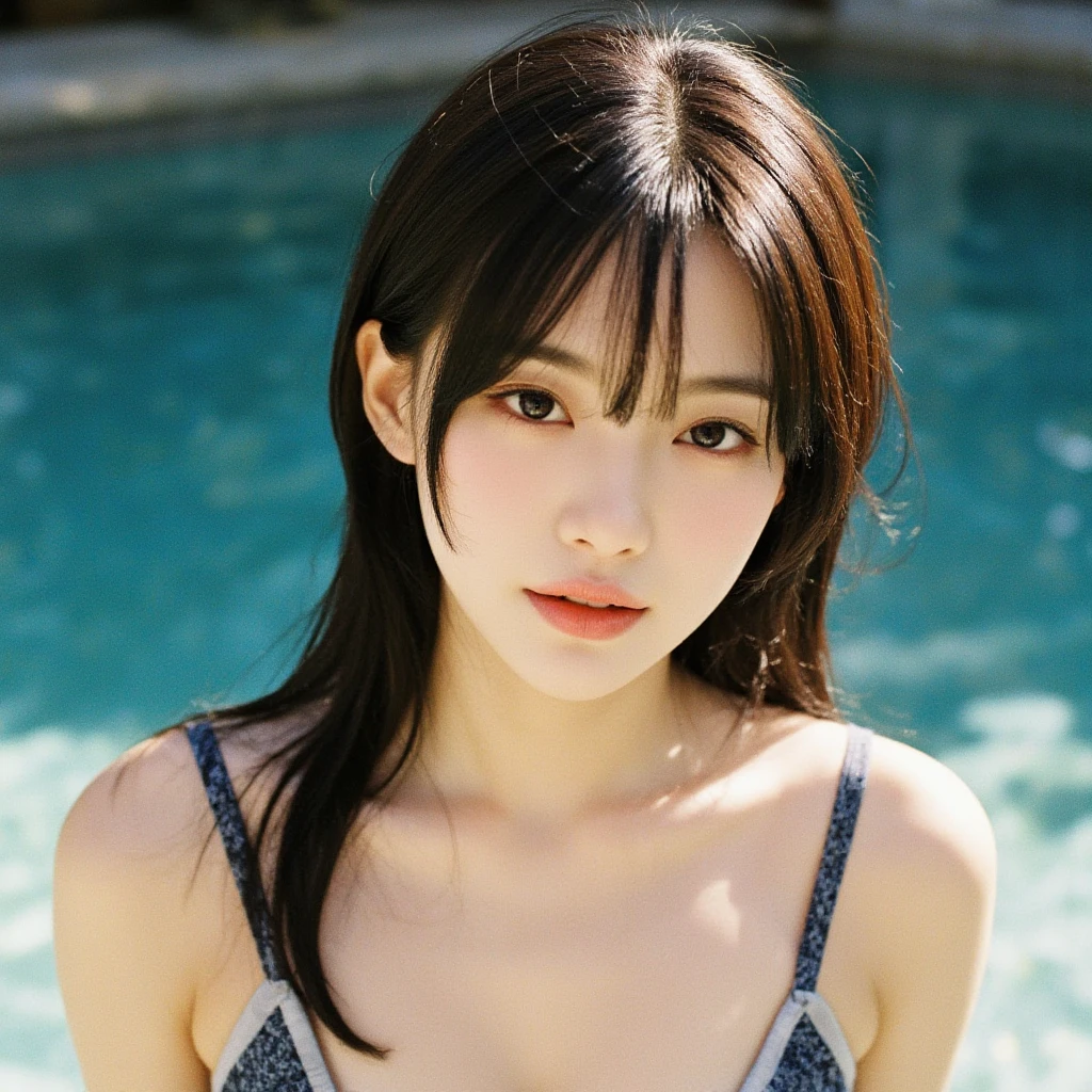 ((スポーツSwimwear:1.3)), Swimwear,Very detailed, Photorealistic portrait of a young Asian woman with long hair, Flowing Hair, Soft natural light, and a calm expression. She is surrounded by lush greenery and flowers.々Surrounded by. High resolution, 8K, Super detailed, Highest quality. ((Upward glance)), ((angle From above: 1. 3)), From above, Looking into the camera,