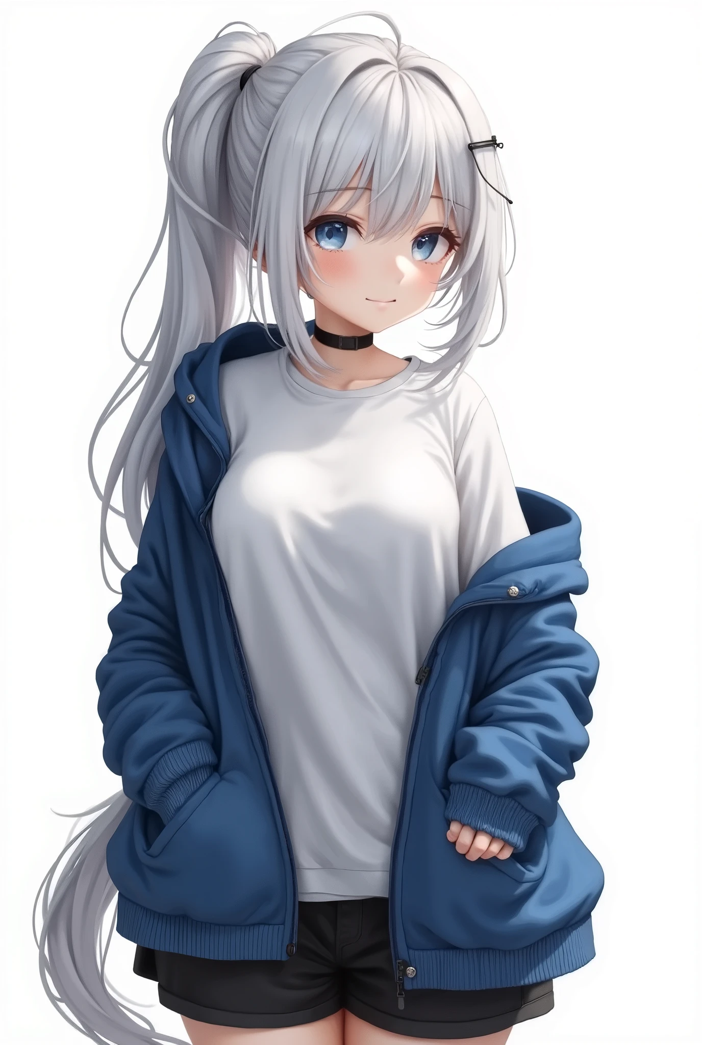 background white、One person、womanhood、Modest chest、white hair、Unkempt long ponytail tail、light blue eyes、white t-shirt、blue hoodie、black shorts with an open front of the hoodie、holding hands in hoodie、Lazy expression、super delicate