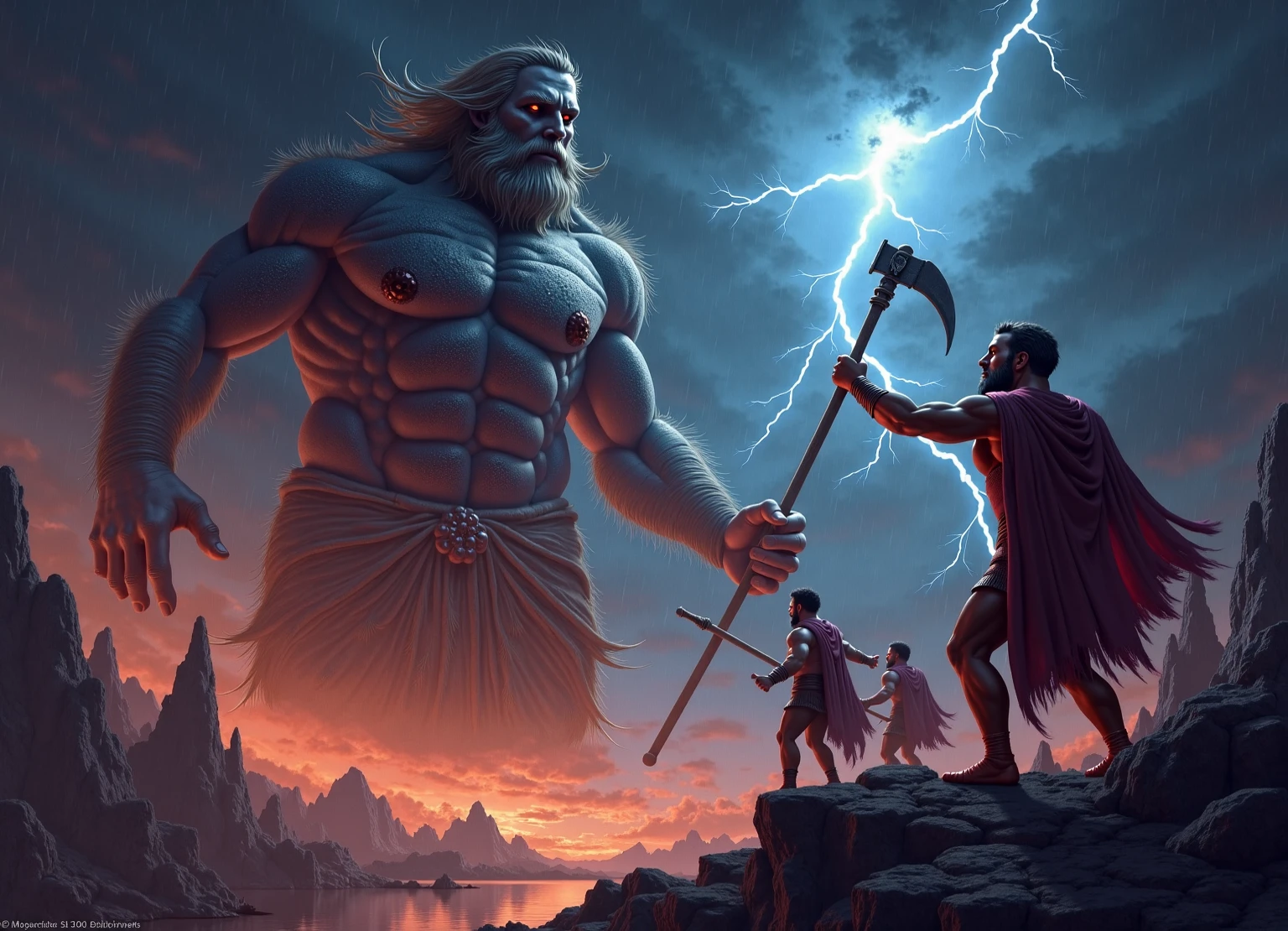 Create an image of stoic defiance, with Seneca and Marcus Aurelius, standing on a large rock looking like a ring ,with lightning bolts.
Inviting to shirtless and body challenges