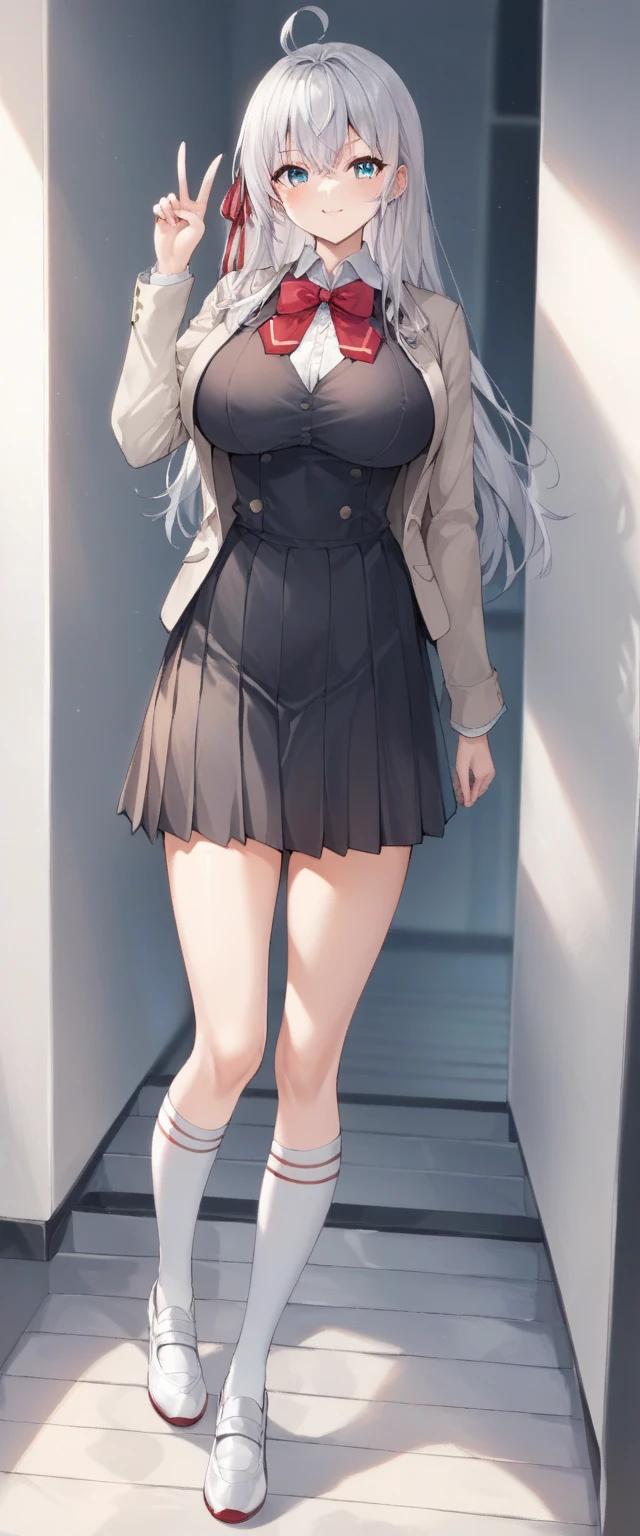 score_9, score_8_superior, score_7_superior, score_6_superior, score_5_superior, score_4_superior, Break Source_anime, Alisa Mikhailovna Kujo, blue eyes, Silver Hair, Long Hair, Red hair ribbon, White shirt, Ahoge, White shoes, Black vest, School black dress, White knee socks, Short beige blazer, Red bow tie, Are standing,Big Breasts,One-handed peace sign