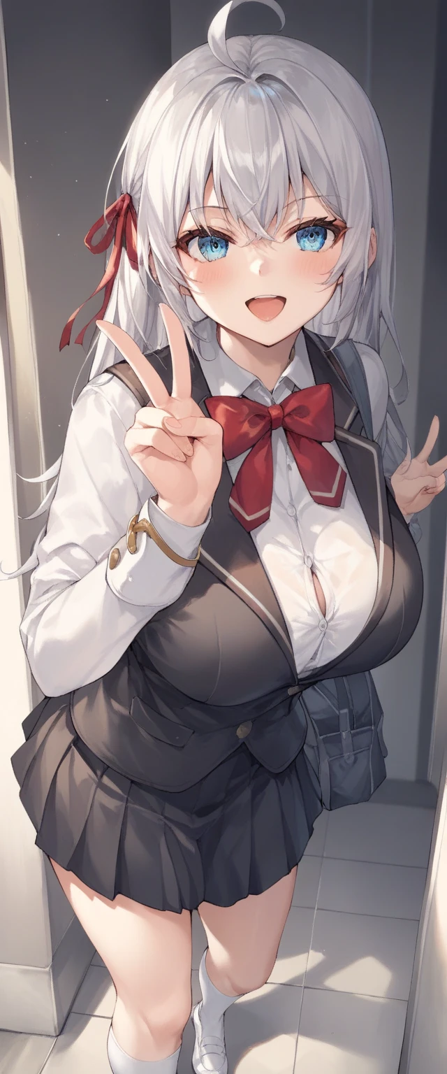 ((1 girl:1.5))、(smile:1.5)、(blush)、shirt、blouse、((fun!!))、chiralism、(small breasts)、(silver hair)、(dog ears)、(eye highlights:1.3)、Blake Black Footwear,(黒いskirt)、bow, button, 襟の付いたshirt, long sleeve, ((red bow tie, , black jacket, open jacket, (white cardigan:1.5), 白のshirt, 黒のskirt, チェック柄のskirt、white socks)),, shirtを,, skirt, socks, thighs, 白い shirt, Rest indoors, ((classroom:1.5))、 BREAK While watching the audience、(skirtを掴む:1.5)、 (perfect hands, perfect anatomy),cowboy shot、(skirt lift:1.3), (Pull Panties)、((shaved pussy:1.5))、(skirt that rolls up:1.3)、(Highly detailed labia fully exposed:1.5)、(Photo seen from below:1.5)、light blue eyes、long hair