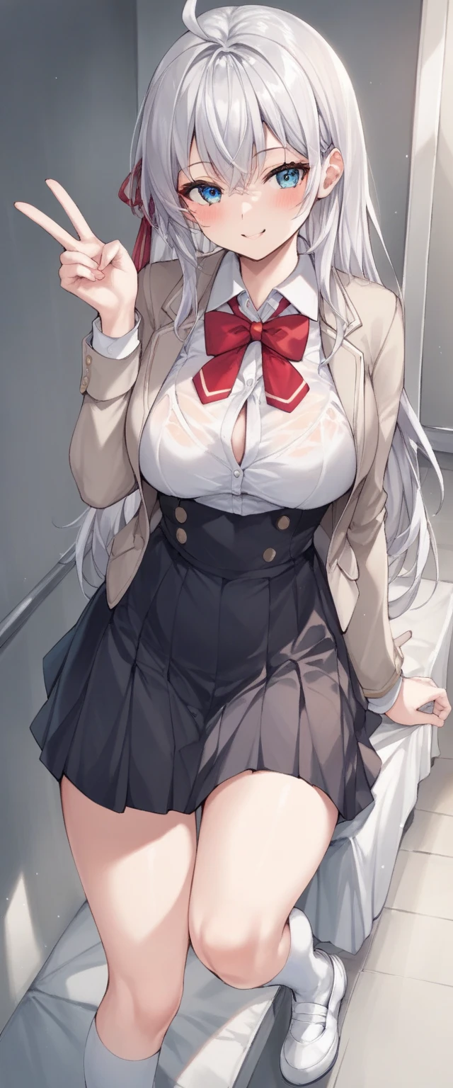 score_9, score_8_superior, score_7_superior, score_6_superior, score_5_superior, score_4_superior, Break Source_anime, Alisa Mikhailovna Kujo, blue eyes, Silver Hair, Long Hair, Red hair ribbon, White shirt, Ahoge, White shoes, Black vest, School black dress, White knee socks, Short beige blazer, Red bow tie, Are standing,Big Breasts,One-handed peace sign