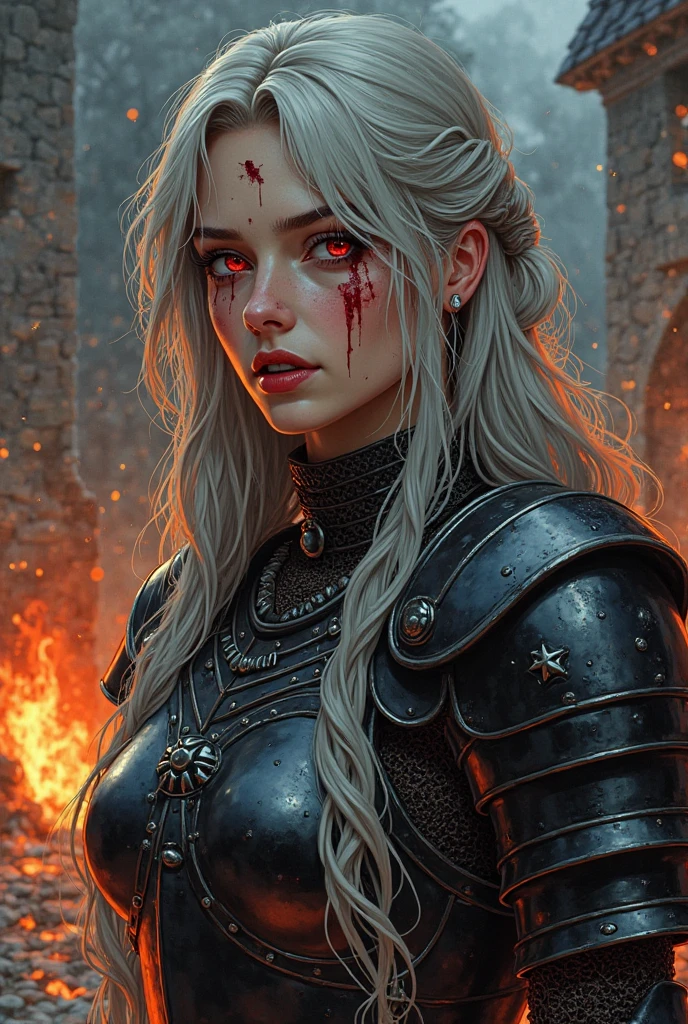 1girl, incredible quality, upper body of beautiful female elf paladin in silver armor, rich polished Filigree armor with patterns, silver reflective armor,  damaged armor, beautiful 20yo face, looking up, detailed windblown white hair,  dark night, moon on sky,  particles, matching eyes, detailed eyes, relaxed sorrow face, (flowing tears:1.2), volumetric lighting, best quality, (huge two-handed sword:1.2), masterpiece, very detailed, trending on Artstation, ultra realistic, huge muscles, (muscles:1.3), subsurface scattering, (armor covered by blood:1.4), small blood splatters on face, detailed battleground background, Photorealistic, Hyperrealistic, Hyperdetailed, analog style, hip cocked, demure, low cut, detailed skin, matte skin, soft lighting, subsurface scattering, realistic, heavy shadow, masterpiece, best quality, ultra realistic, 8k, golden ratio, Intricate, High Detail, film photography, soft focus