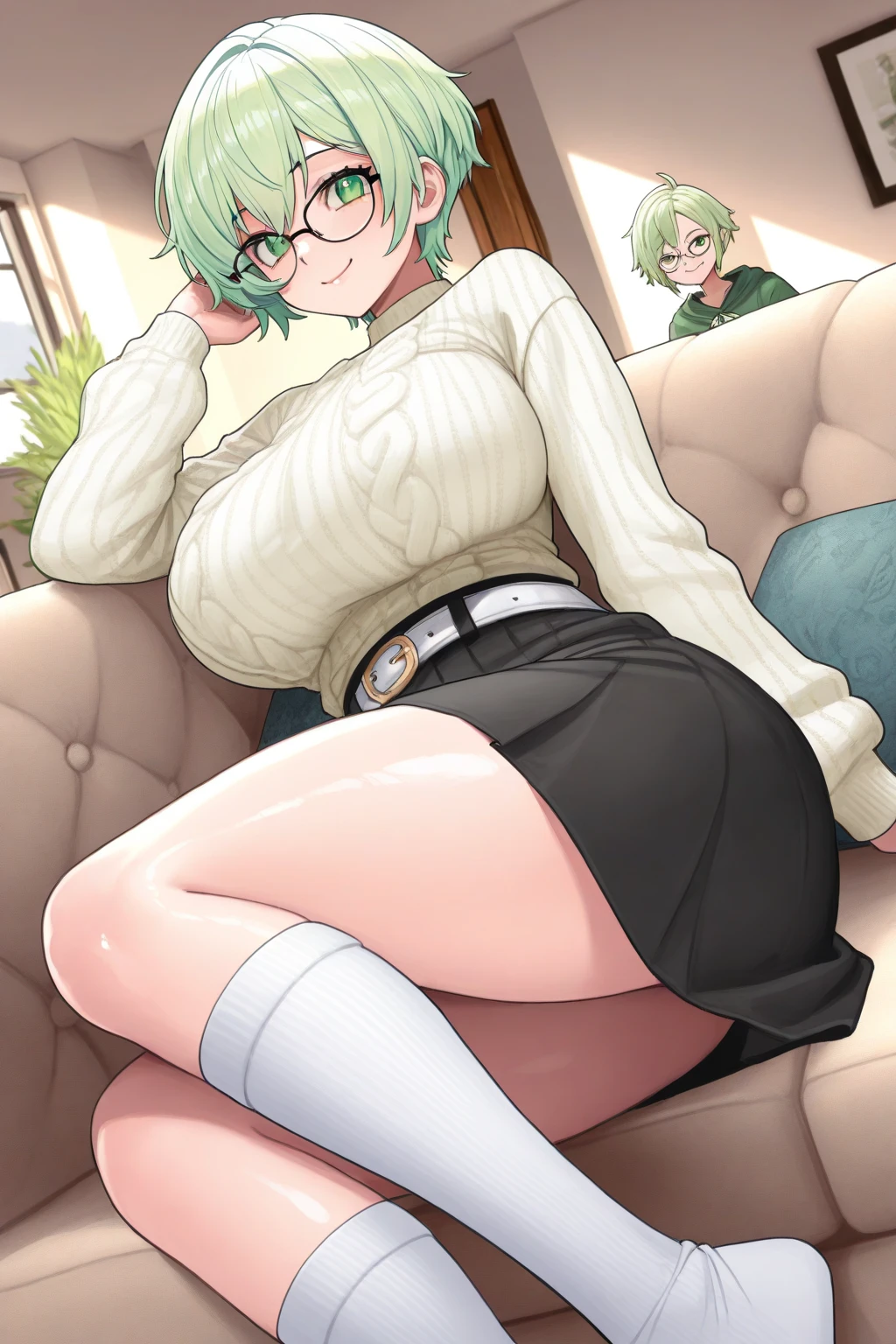 chubby girl, blonde, green eyes, medium length hair, open forehead, no bangs, square-rimmed black glasses, short green shorts, shorts, shirt, green shirt
