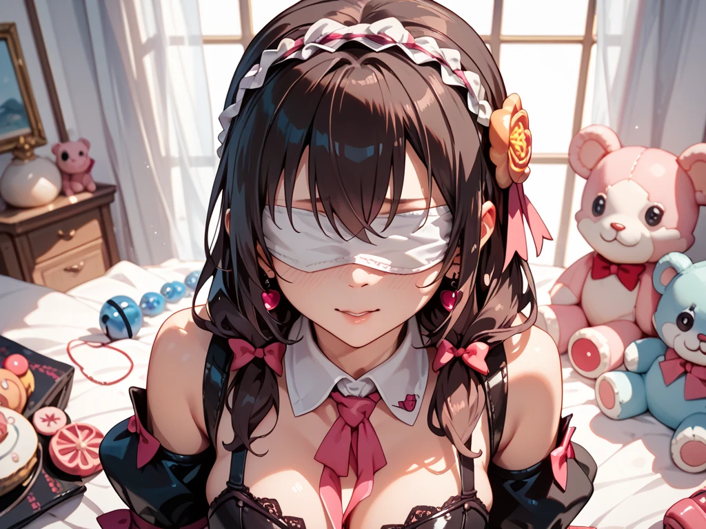 Hands Behind Back,Tied with hands behind back,lick,open mouth,tongue out,cum on tongue,front face,from front,front view,looking at viewer, looking ahead,from above,cowboy shot,1girl,Beautiful girl at 13 years old,Japanese,Slender,,low length,Small breasts,Thin legs,Small Ass,Baby Face,Small face,Black Hair,Short Twin Tails,Black blindfold,blindfold,middle School girls,Sheer black and pink negligee,lingerie,Collar with leash,Kneeling,Straight Stand,Beautiful and detailed anime art,Mischievous smile,Sexy vibe,Dimly lit room,On the bed,Simple Background,Gray background,Low lighting,
