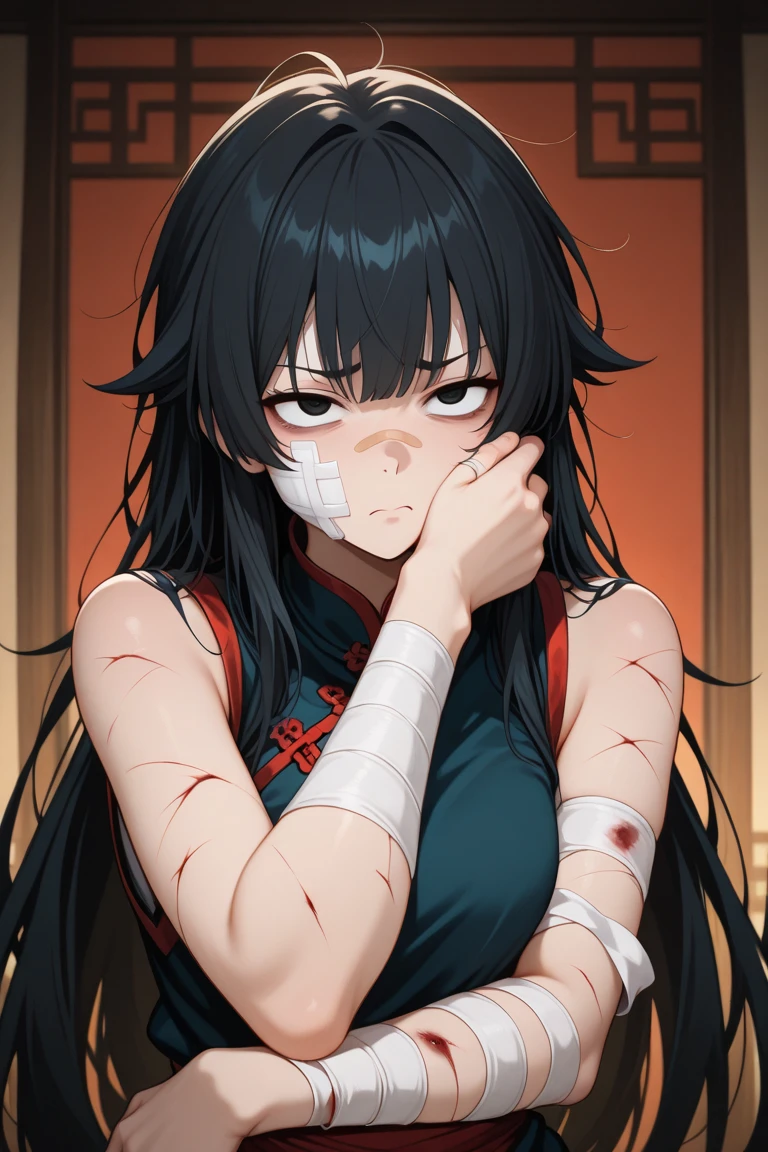 masterpiece, zoom out, score_9, score_8_up, score_7_up, portrait, 1 girl, alone, black hair, long hair, long parted bangs, white eyes, black sclera, (blood tears, small smile), evil, parted lips, expressionless, big breasts, upper body, V-neck strap basic dress, black bottom, best quality, long split bangs, Long parted bangs, kimetsu no Yaiba 