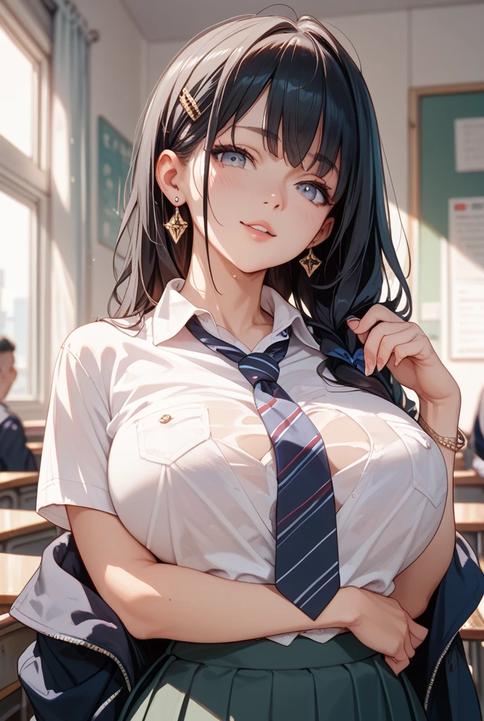 woman, 17 years old, (long black hair), plump body, black eyes, Indonesian high-school uniform, (wearing transparent white shirt, showing bra), osis logo on shirt pocket, huge breasts, cleavage, light-grey pleated skirt, sitting on a chair, seductive pose, full body shot, smiling, in the classroom, perfect hands, perfect fingers,