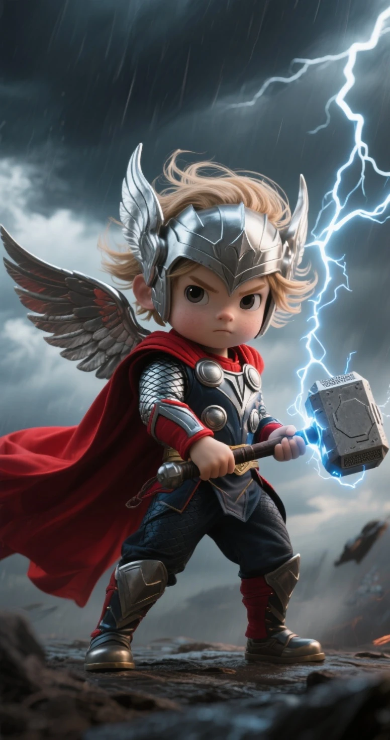 A (SmolOne:1.2), baby Thor, God of Thunder, cinematic lighting, highly detailed, sharp focus, professional photoshoot, 8k, DOF, by (SmolGuys:0.6)
