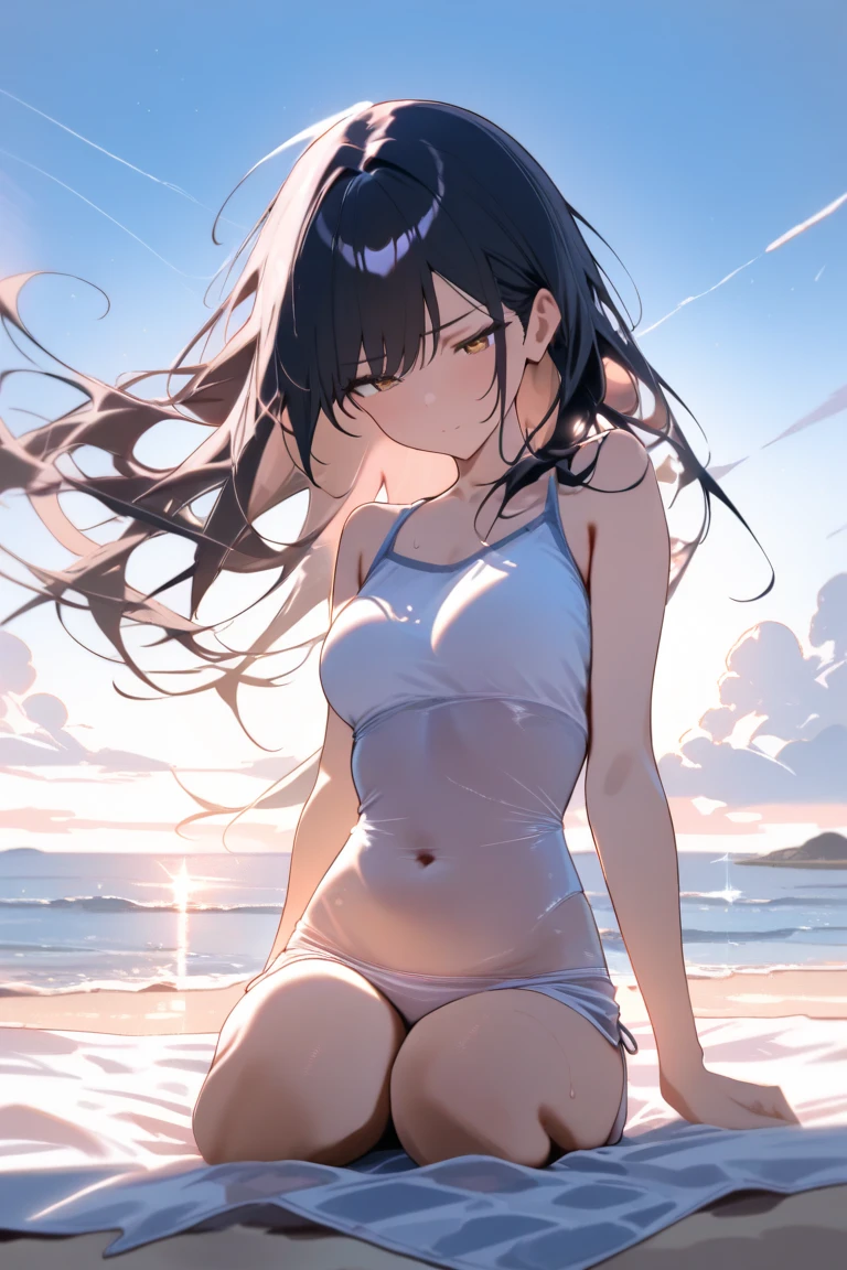 medium breasts, wearing black bunny outfit, armpits, blushing, cowboy shot, on the beach, bunny ears, torn black stockings, splashing water to viewer, crying, sunset