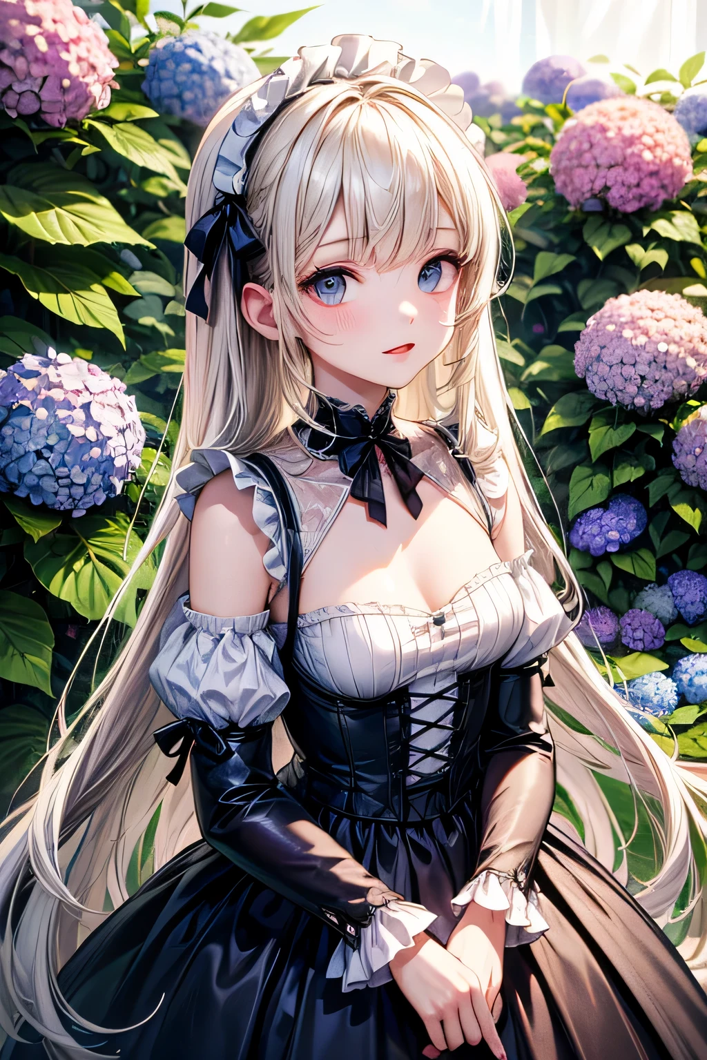 high resolution,8K,top quality,masterpiece,Beautiful girl,beautiful platinum blonde hair,small breasts,gothic lolita clothes,Garden with hydrangeas
