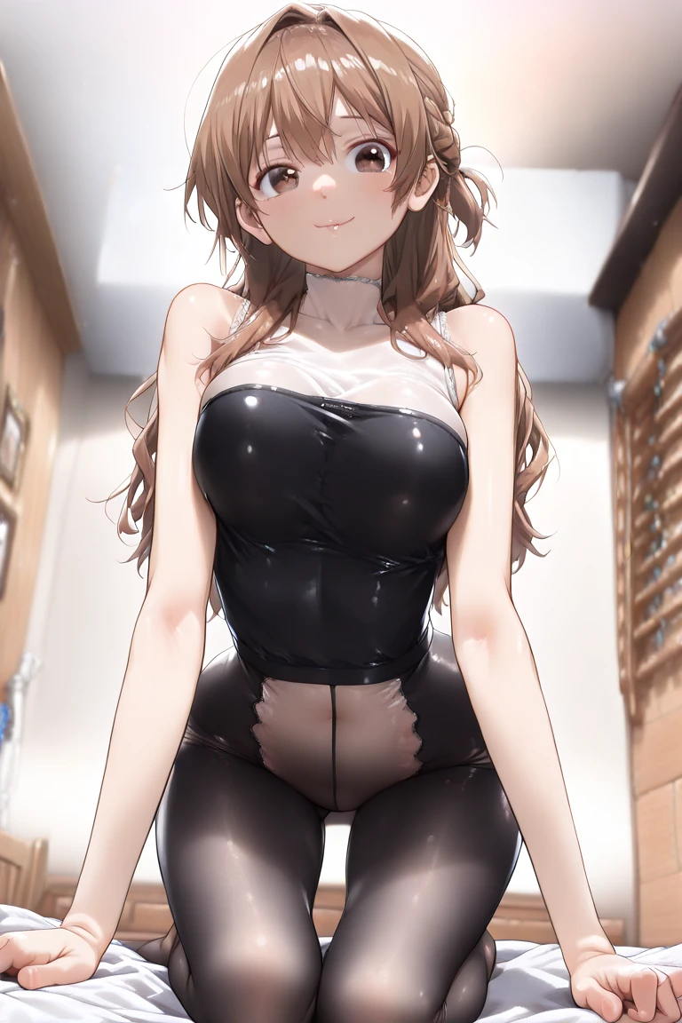 master-piece, bestquality, 1girls,16 years old, View viewers from front, HD, slight smile, big tits, cleavage, tights cloth, , tiny body, under tits cleavage, look down, bodysuit, stand up, kunikida hanamaru, paizuri invitation, in jacuzzi,