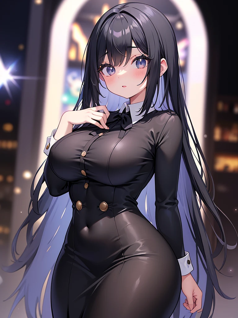 A woman with a D cup wearing a black suit smile tie