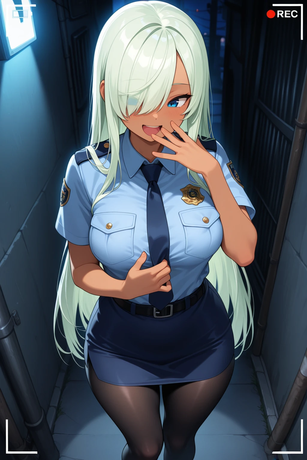 Tabletop, Highest quality, High resolution, One Girl, alone, Long Hair, Have, blue eyes, Gray Hair, My hair is messy, Black gloves, White socks, Police uniform, Black Skirt, Short sleeve, Cowboy Shot, salute, Put your hands on your hips,Thong underwear,String Panties,Pubic hair sticking out，Pubic hair sticking out，The nipples are erect,Nipples are erect， close your eyes, Tears in the eyes、Open your mouth, What saliva leaves behind, Wet skirt hem, Sticky panties, Bulging of the vibrator cord, Vibrator with Garters, Subway car interior background, In a crowded crowd,

