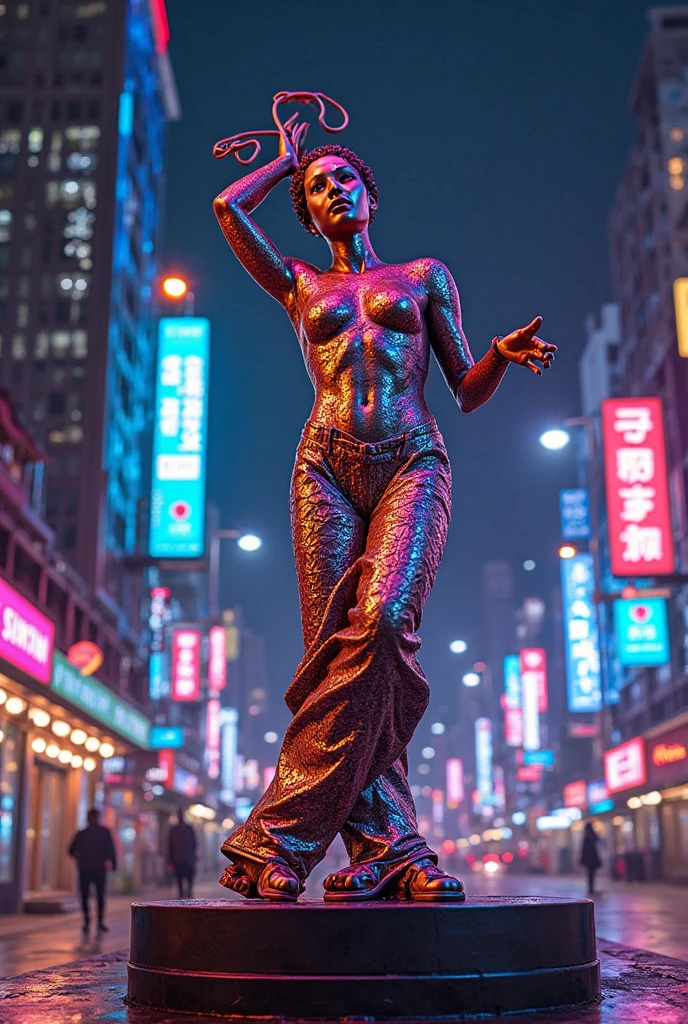 (Nude sexy tanned Polynesian|Asian woman, slanted Asian eyes, hourglass figure, perfect eyeliner:1.2), (masterpiece:1.4, best quality), medium breasts, unity 8k wallpaper, ultra detailed, (walking on crowded plaza street, blue hour, wearing nothing:1.3), alluring pose, upper body, narrow_waist, beautiful and aesthetic, detailed, solo