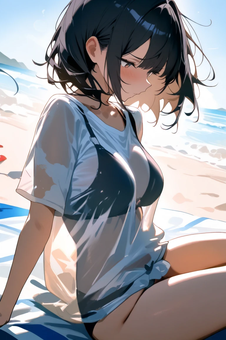 Highest quality, Masterpiece in anime style, (alone:1.1),T-shirt rolled up,Show off your flashy swimsuit,Summer beach, Laugh innocently, Sensual, Cute Freckles, Mole under the left eye, sexy,Sweeping the sand off the floor with your hands,Wet Hair,Sunburn,Blushing skin,