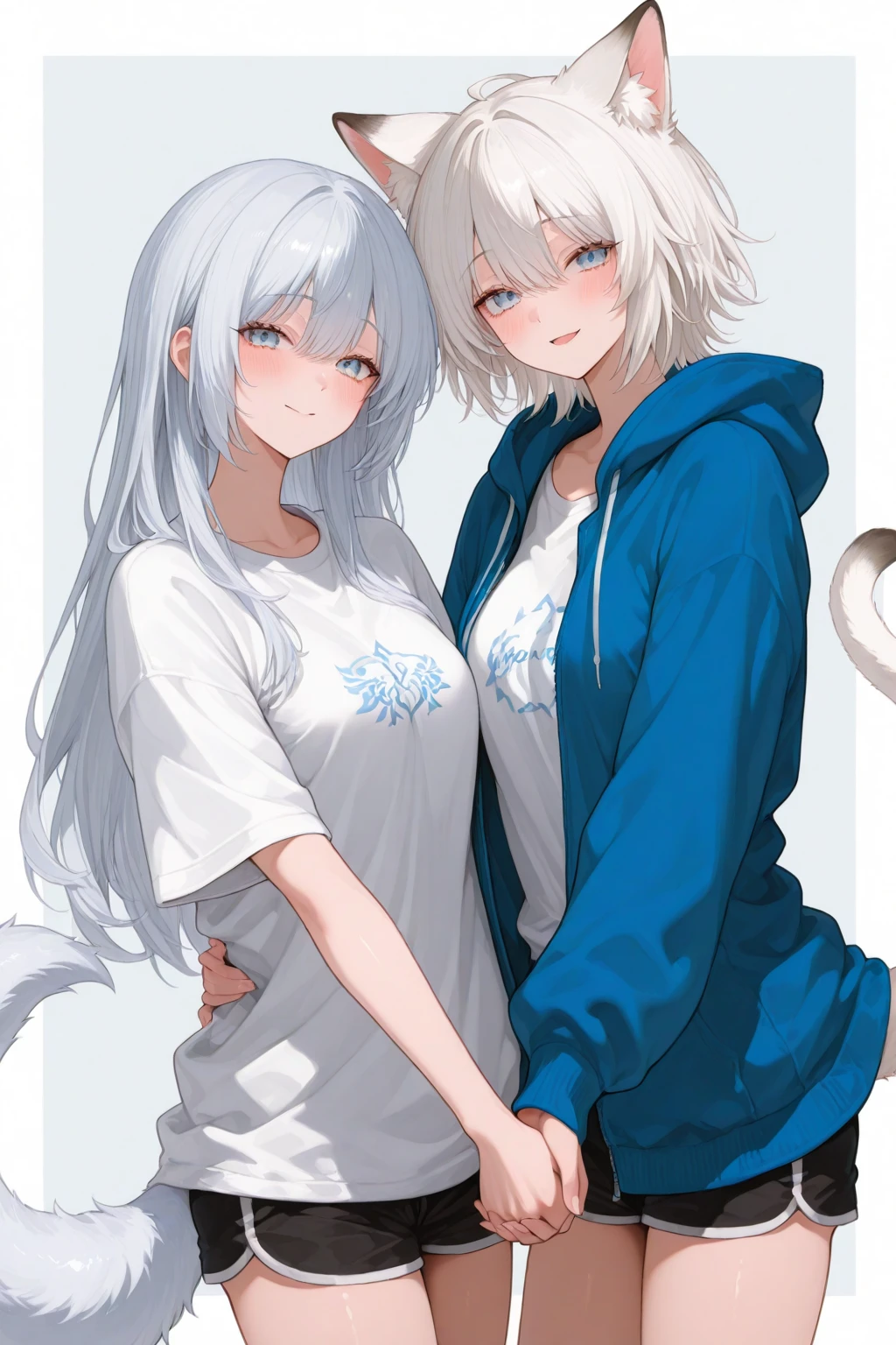 (Masterpiece) (High Detail) (High Res) 2 characters stood next to eachother in a bedroom. One is a short young petite humanoid girl with pale human skin and blue eyes and long blue hair and blue dog ears and a fluffy dog tail is wearing just an oversized black turtleneck sweater. The other is a Large Anthro Male Tiger Furry Anthro with orange fur and black stripes who is also wearing just a oversized black turtleneck sweater with his cock poking out the bottom. Size_difference, Anthro_on_human.