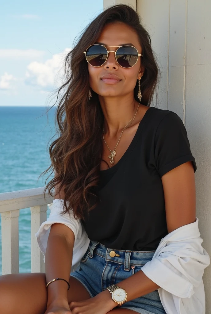 Dominican woman in casual clothes in a restaurant near the beach wearing sunglasses con el fondo difuminado