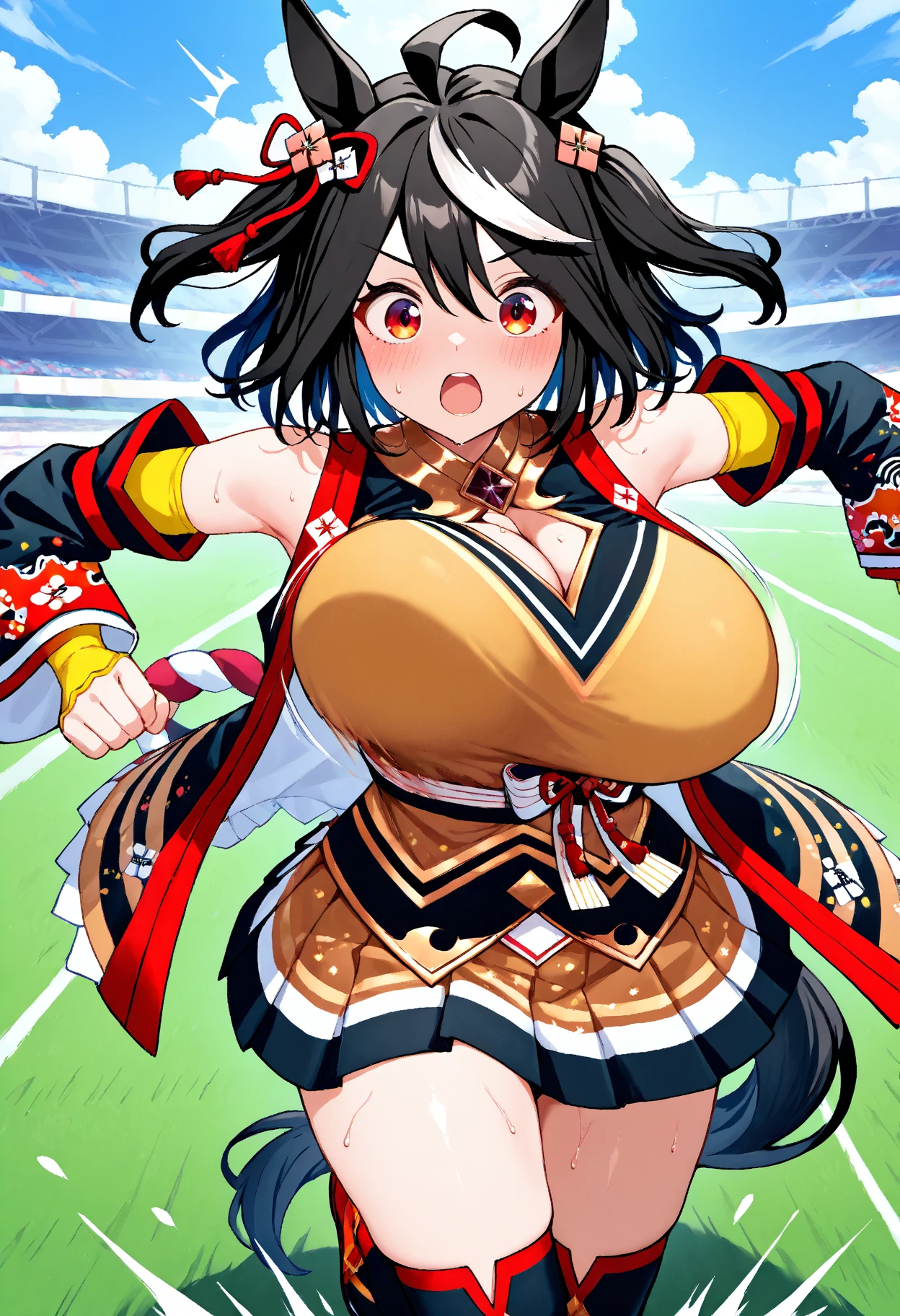 (day:1.7), standing in front of a snow covered mountain, winter,(close-Up:1.4),
Standing,bare legs,
cheerleader, crop top, holding pom poms, midriff, navel, orange skirt, pink footwear, pom pom (cheerleading),
hokusai, long hair, bangs, (purple eyes:1.1), hair ornament, purple hair, hair flower, low twintails,
1 girl, 20yo,mature female,Beautiful Finger,Beautiful long legs,Beautiful body,Beautiful Nose,Beautiful character design, perfect eyes, perfect face,
looking at viewer,(light_smile:0.3),(Closed_mouth),
NSFW,official art,extremely detailed CG unity 8k wallpaper, perfect lighting,Colorful, Bright_Front_face_Lighting,
(masterpiece:1.0),(best_quality:1.0), ultra high res,4K,ultra-detailed,
photography, 8K, HDR, highres, absurdres:1.2, Kodak portra 400, film grain, blurry background, bokeh:1.2, lens flare, (vibrant_color:1.2)
(Beautiful,medium_Breasts:1.4), (beautiful_face:1.5),(narrow_waist),(perfect hands, perfect anatomy),