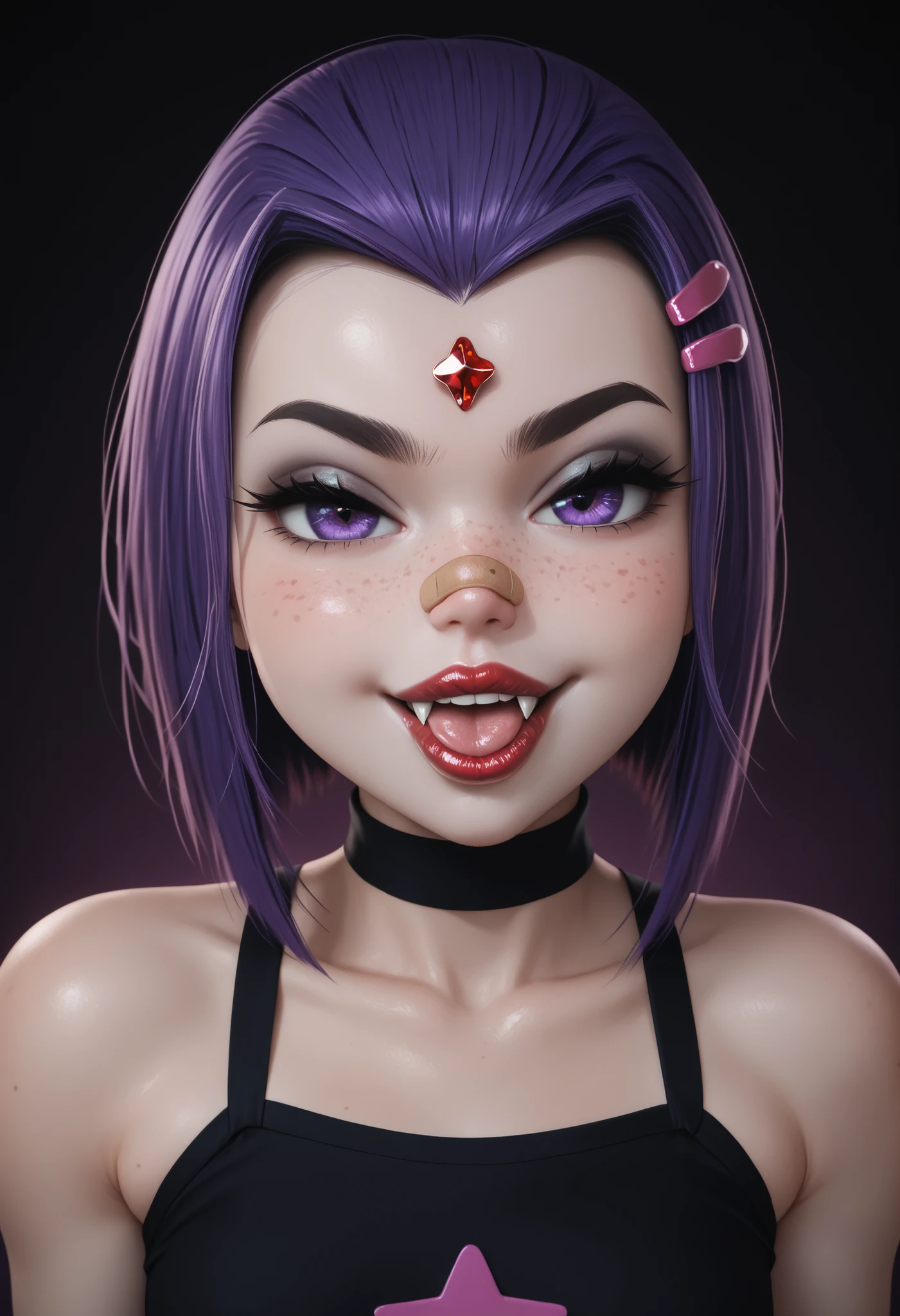 rachel roth, colored skin, grey skin, purple hair, medium hair, forehead jewel, purple eyes, small breast, huge hips, dark red lips.| masterpiece , best quality , amazing quality , high resolution , aesthetic , smug , smile , open mouth , portrait , teasing , perky breasts , breasts together , (big lips:0 . 8) , freckles , beautiful , colorful , 5p4rr0w , artist style , cutecore , decora , solo , bandaid , tongue , pink hair , sticker , bandaid on face , purple eyes , hair ornament , looking at viewer , bandaid on cheek , bandaid on nose , fangs , pill , hairclip , heart , hair between eyes , nail art , piercing , bangs , star (symbol) , midriff