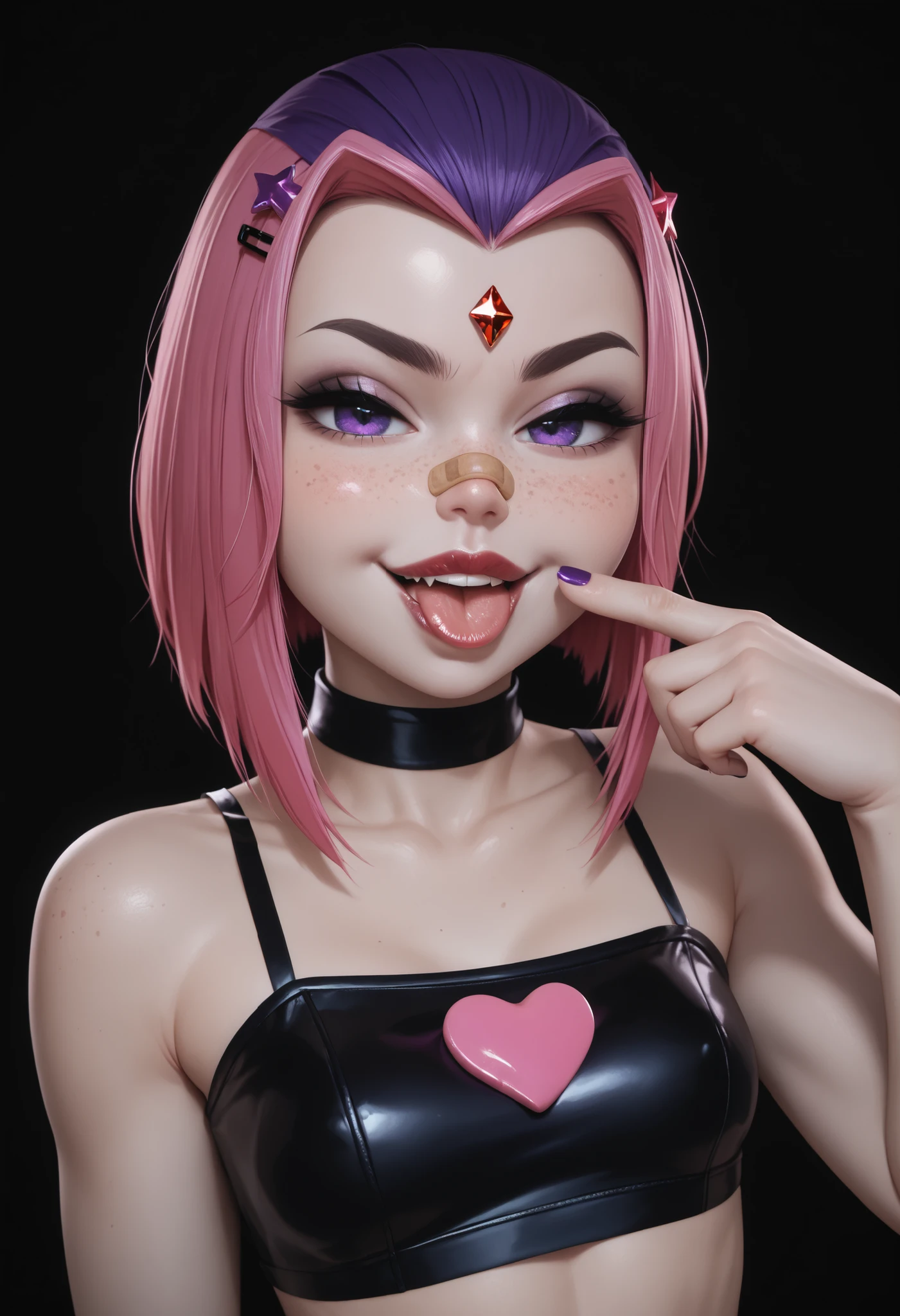 rachel roth, colored skin, grey skin, purple hair, medium hair, forehead jewel, purple eyes, small breast, huge hips, dark red lips.| masterpiece , best quality , amazing quality , high resolution , aesthetic , smug , smile , open mouth , portrait , teasing , perky breasts , breasts together , (big lips:0 . 8) , freckles , beautiful , colorful , 5p4rr0w , artist style , cutecore , decora , solo , bandaid , tongue , pink hair , sticker , bandaid on face , purple eyes , hair ornament , looking at viewer , bandaid on cheek , bandaid on nose , fangs , pill , hairclip , heart , hair between eyes , nail art , piercing , bangs , star (symbol) , midriff