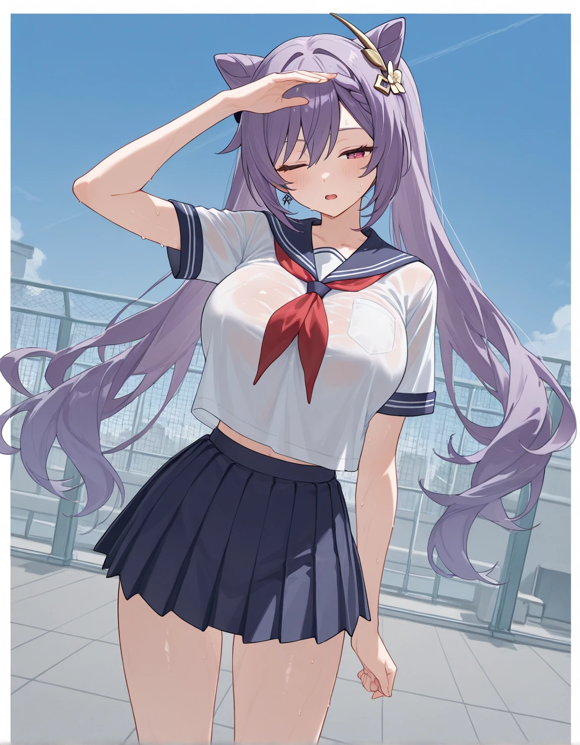 (extremely detailed CG unity 8k wallpaper,masterpiece, best quality, ultra-detailed, intricate detail),(best illumination, best shadow, an extremely delicate and beautiful), 1girl, keqing, serafuku, outdoors, sun, outdoors